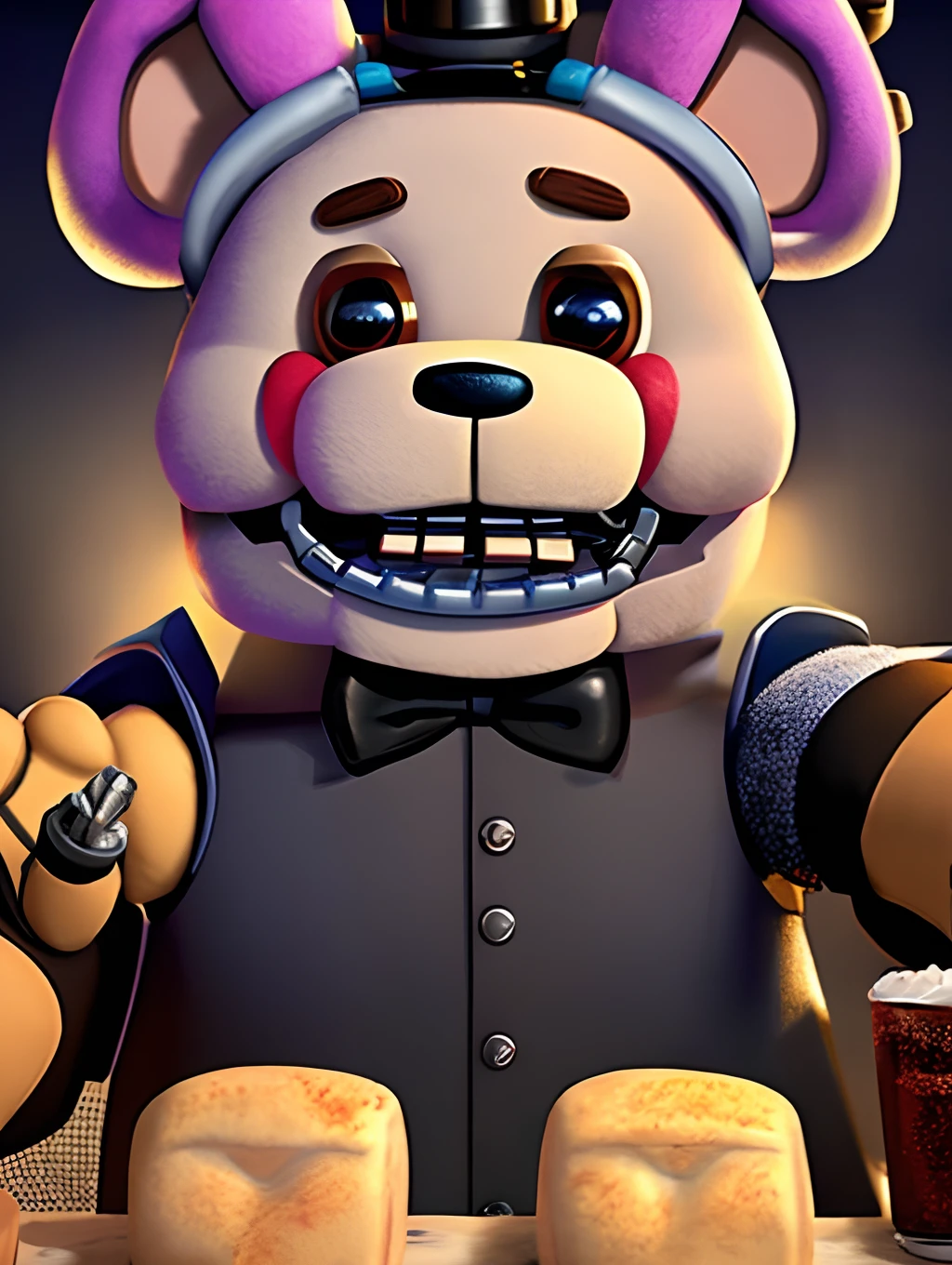 Five nights at freddys pizzaria, ruin pizzaria, glowing animatronic eyes in the dark, freddy fazbear