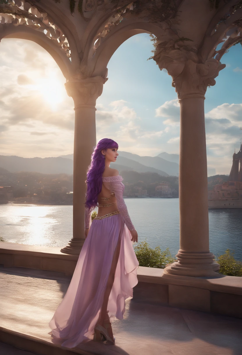 masterpiece, best quality,kfk, 1girl, bangs, bare_shoulders, skirt, breasts, gloves, jewelry, large_breasts, long_hair, long_sleeves, pantyhose, purple_eyes, purple_hair, shirt, solo,viewer,sunglasses,bikini, (sun, cloud,renaissance city around water,outdoors :1.1),rendered in blender((isometric)),