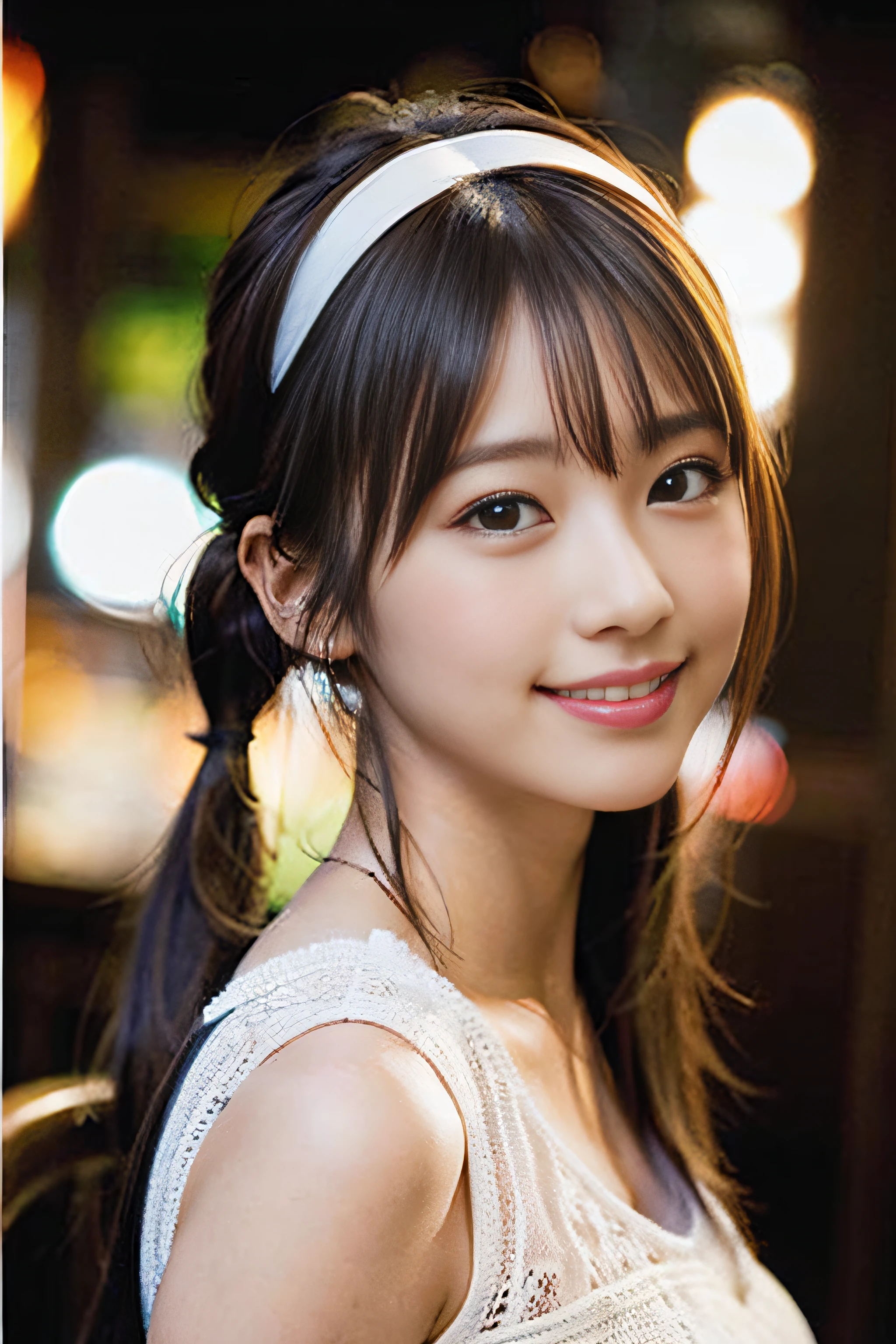 Are standing, Full body photo, Daytime view, Paris background, Professional director, Professional Lighting, (Highest quality, 12896k,masterpiece), Very cute small round face, Red lipstick, Larger lips, Japanese Idol, Big Breasts, clavicle, White Dress, Ultra HD, (Photorealistic:1.1), RAW Photo, One Girl, Beautiful eyes, Very big breasts and big eyes,Twin tails, Black brown hair, Smile,