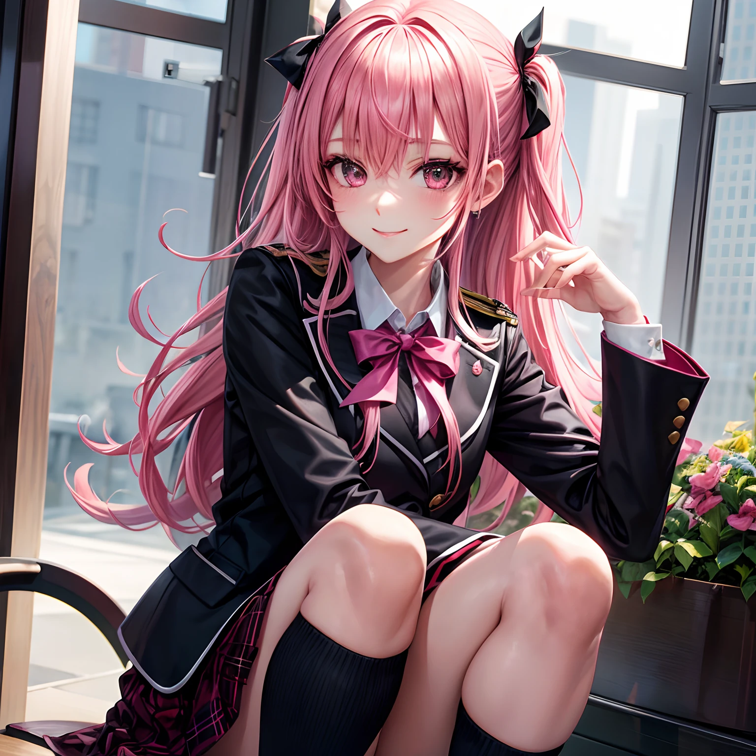 kisara，Beautiful girl with pink hair，She is the devil.、It's Yandere，A smile，​masterpiece，超A high resolution，Ribbon on uniform，Black Blazer，Beautiful Beautiful Girl，