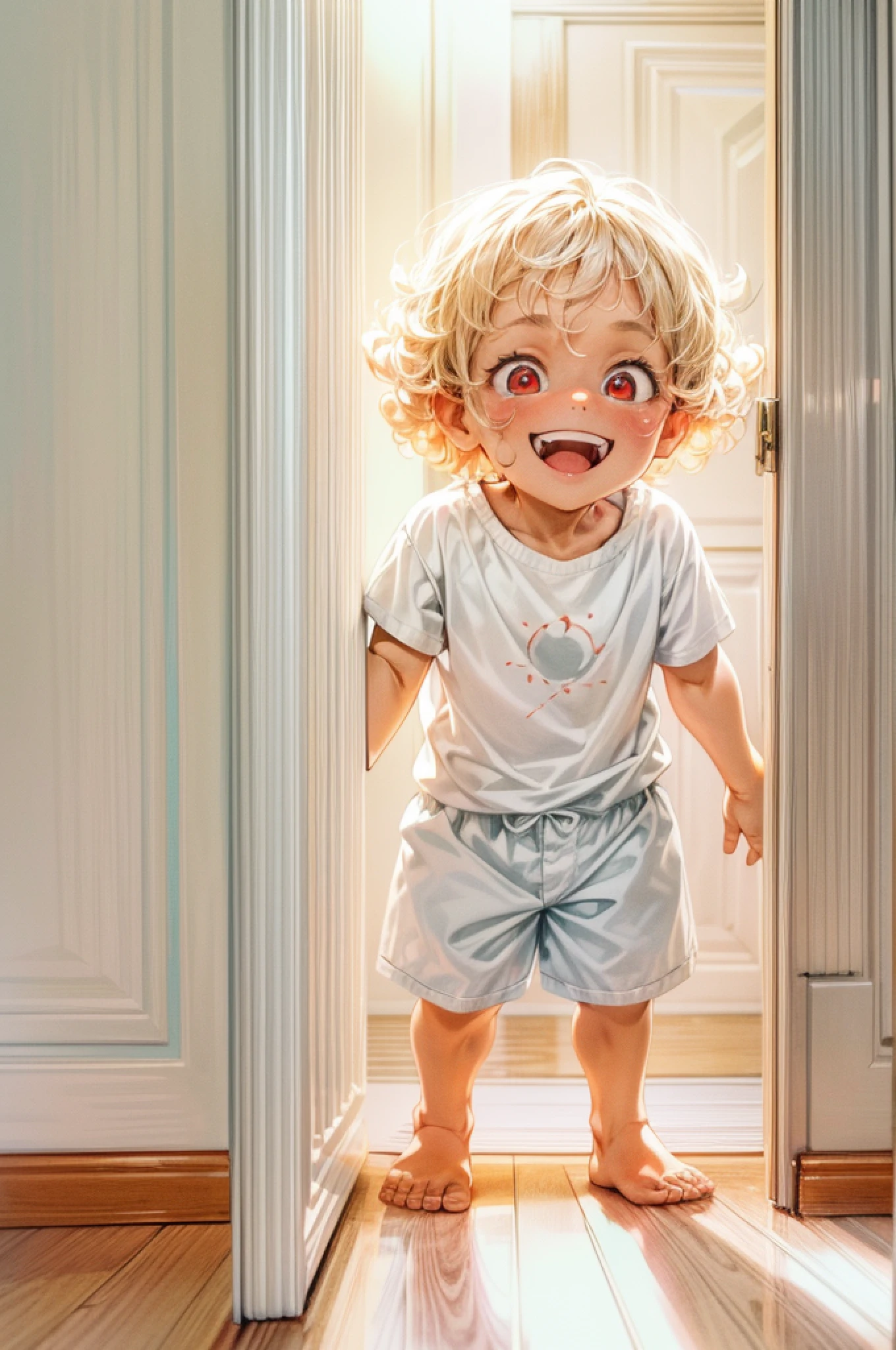 a picture of a small child standing behind a door, his face is half hidden, he smiles, evil smile, blond hair, curly hair, red eyes glowing eyes, wearing white shirt, wearing short pants, modern day child room background, toys spread background,