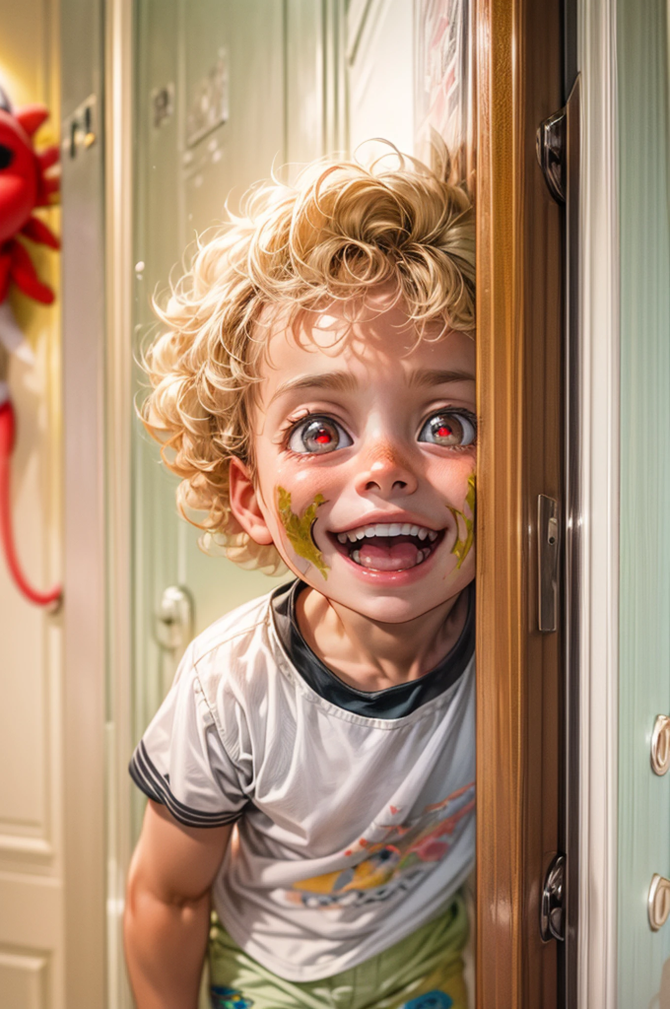 a picture of a small child standing behind a door, his face is half hidden, he smiles, evil smile, blond hair, curly hair, red eyes glowing eyes, wearing white shirt, wearing short pants, modern day child room background, toys spread background,