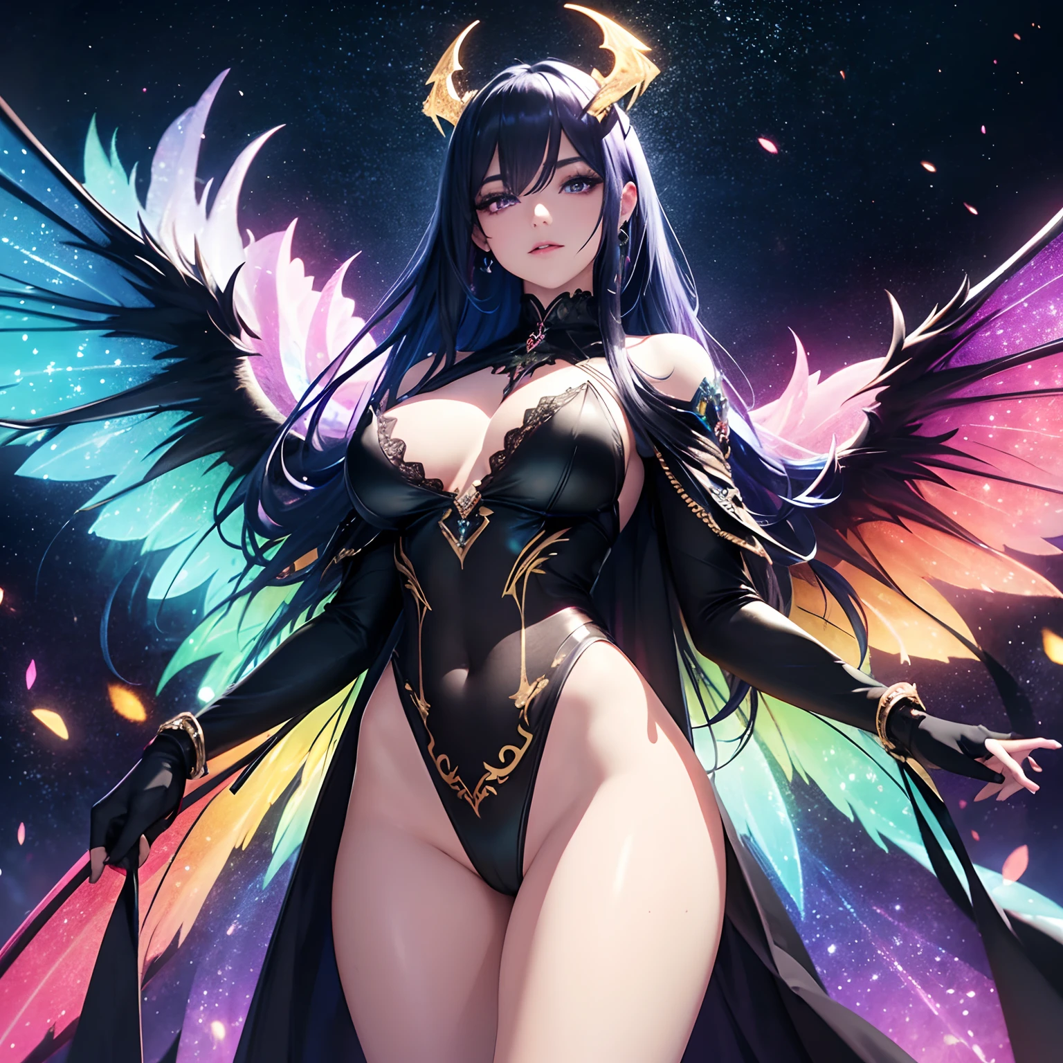 from below, finest image, (8k, RAW photo, realistic), beautiful devil queen, condescending gaze, blue shining sharp slit eyes, long eyelashes, double eyelids, crimson alluring moist big thick lips, abs, slender, perfect proportion, iridescent big rainbow-colored wings, has a fireball, black lace robe, black body painting suit and gold tattoos, blurry background fantasy, galaxy, iridescent light particles, iridescent lines, rainbow-colored neon lights, detailed and delicate depiction, professional lighting