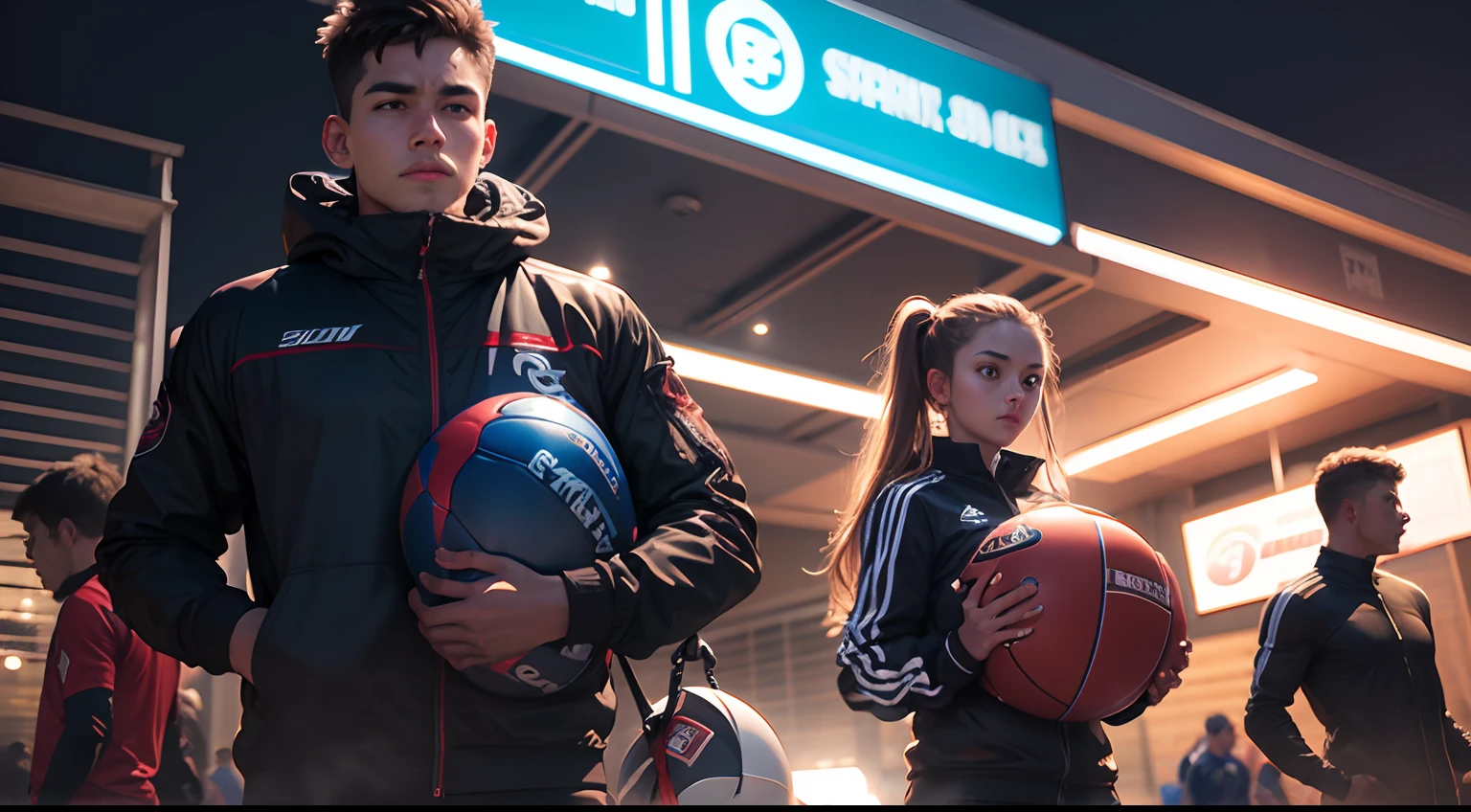 the night，Several young people in super sports equipment，Get ready to go into sports