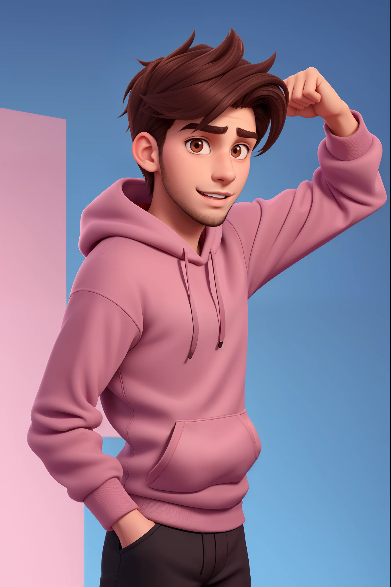 an incredibly handsome and hot young man aged 19 with short dark brown hair and brown eyes, angular jaw, box face, stubble beard, tall and lean, wearing a pink hoodie. Pro Gamer style, blue background, shock face, arms up.