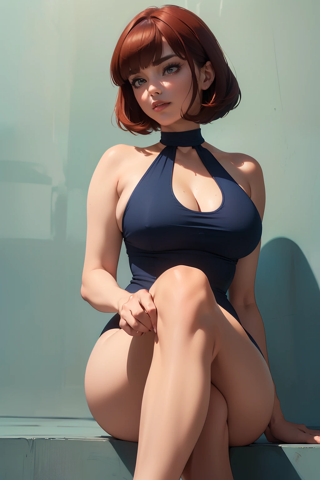 ((masterpiece, best quality, ultra-detailed, ultra-HD, photorealistic, cinematic)), (close-up camera shot, from berhind:1.2), (sensual pose, sitting crossed-legs), (alluring and voluptuous female as Velma Dinkley), perfect anatomy, perfect face, large cleavage, proportioned hands, (deep shade of auburn with a slight natural wave hair color, chin-length bob with blunt bangs hairstyle:1.3), (wearing a one-piece, vintage-style swimsuit, deep, solid navy blue, providing an elegant and timeless look, high neckline, offering full coverage, and it features short sleeves:1.2), ((dynamic background))