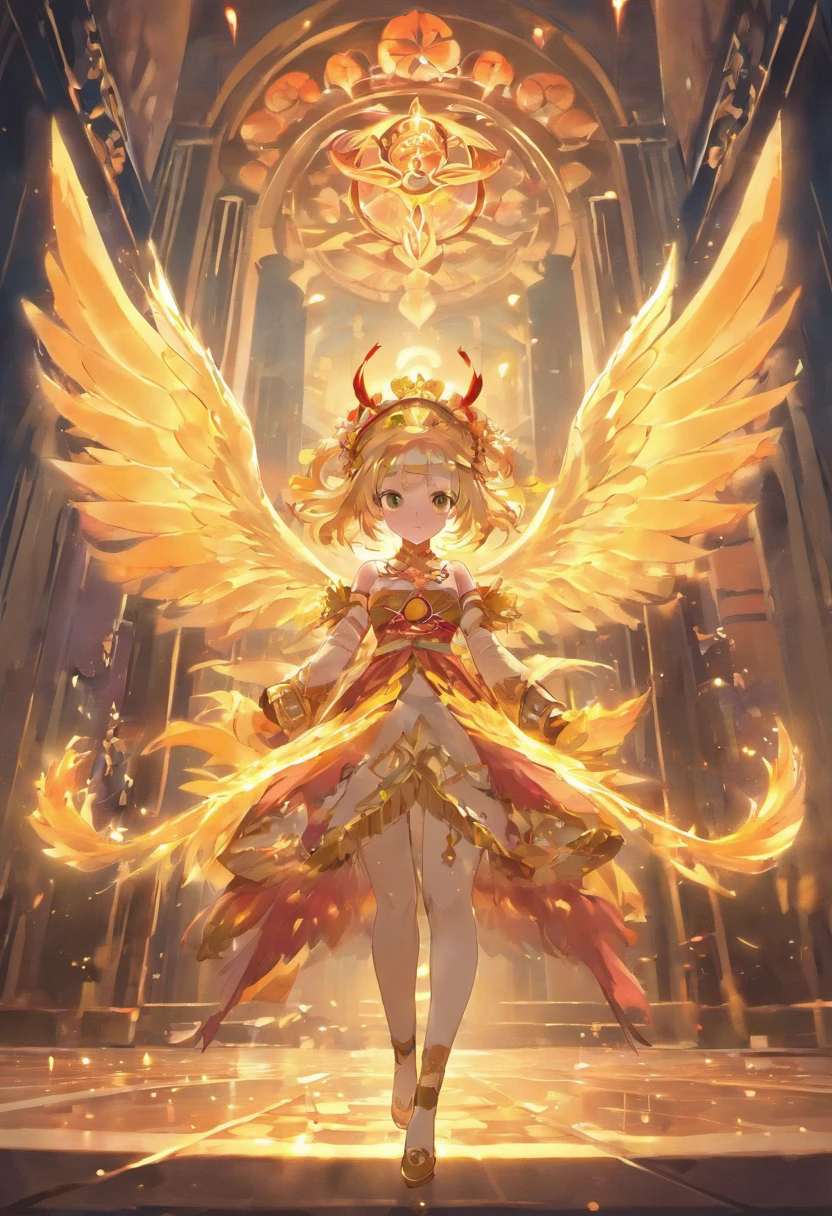 Anime game Arcane Garden's of the Great White Empire - Girl, fairy, golden eyes, fiery golden hair, orange feather wings, fairy wings, feathers, fiery golden dress, white tights, white hairpin, lotus bracelet, fiery lotuses, lake, sunset, Asian temple on the background, white scythe