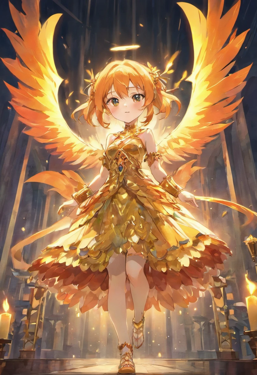 Anime game Arcane Garden's of the Great White Empire - Girl, fairy, golden eyes, fiery golden hair, orange feather wings, fairy wings, feathers, fiery golden dress, white tights, white hairpin, lotus bracelet, fiery lotuses, lake, sunset, Asian temple on the background, white scythe