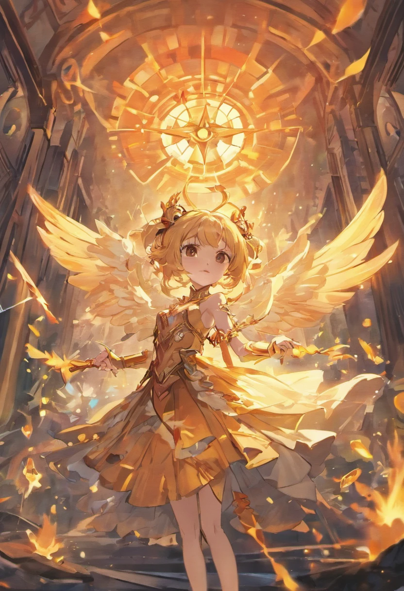 Anime game Arcane Garden's of the Great White Empire - Girl, fairy, golden eyes, fiery golden hair, orange feather wings, fairy wings, feathers, fiery golden dress, white tights, white hairpin, lotus bracelet, fiery lotuses, lake, sunset, Asian temple on the background, white scythe