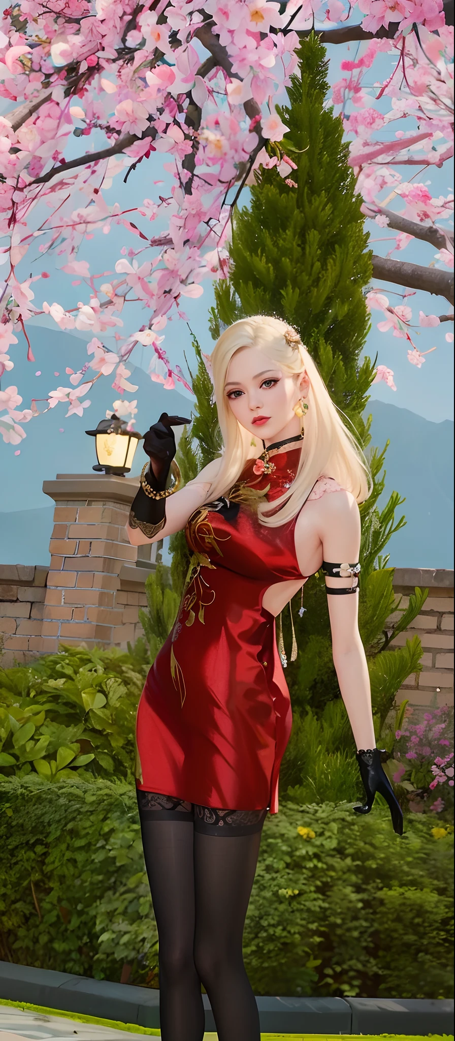 blond woman in red dress posing in front of a flowering tree, cheongsam, wearing a red cheongsam, inspired by Sim Sa-jeong, 🌺 cgsociety, inspired by Huang Ji, inspired by Lan Ying, inspired by Pu Hua, inspired by Ren Xiong, inspired by Xie Sun, trending on cgstation, chinese style, chinese costume