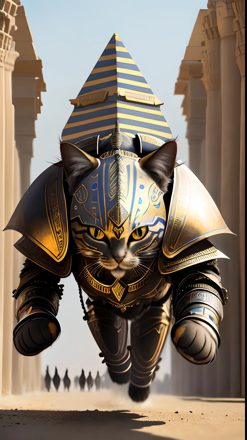 Animalrizz (( cats )) 10, masterpiece, highres, Absurd,photorealistic portrait, Parley_armature,Egypt,Pyramids, cat robot,In armor ,Wear Parley_armature, Massive futuristic armor, running, move,