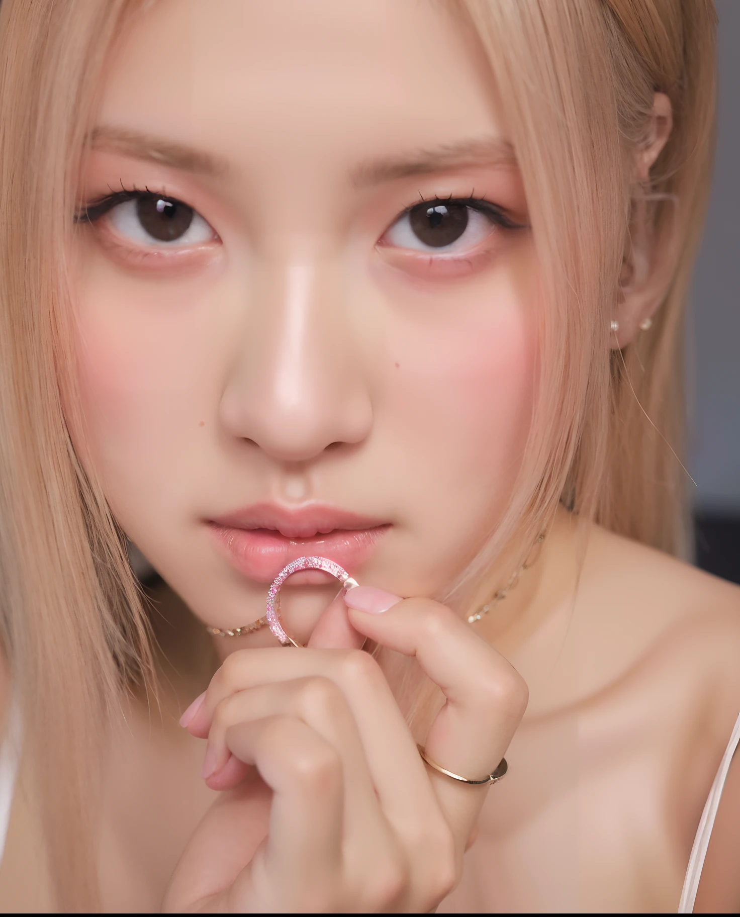 korean blonde girl holding a ring on her finger, roseanne park of blackpink, ulzzang makeup, sexy eyes, sexy face, attractive, 4k, model, moles on face