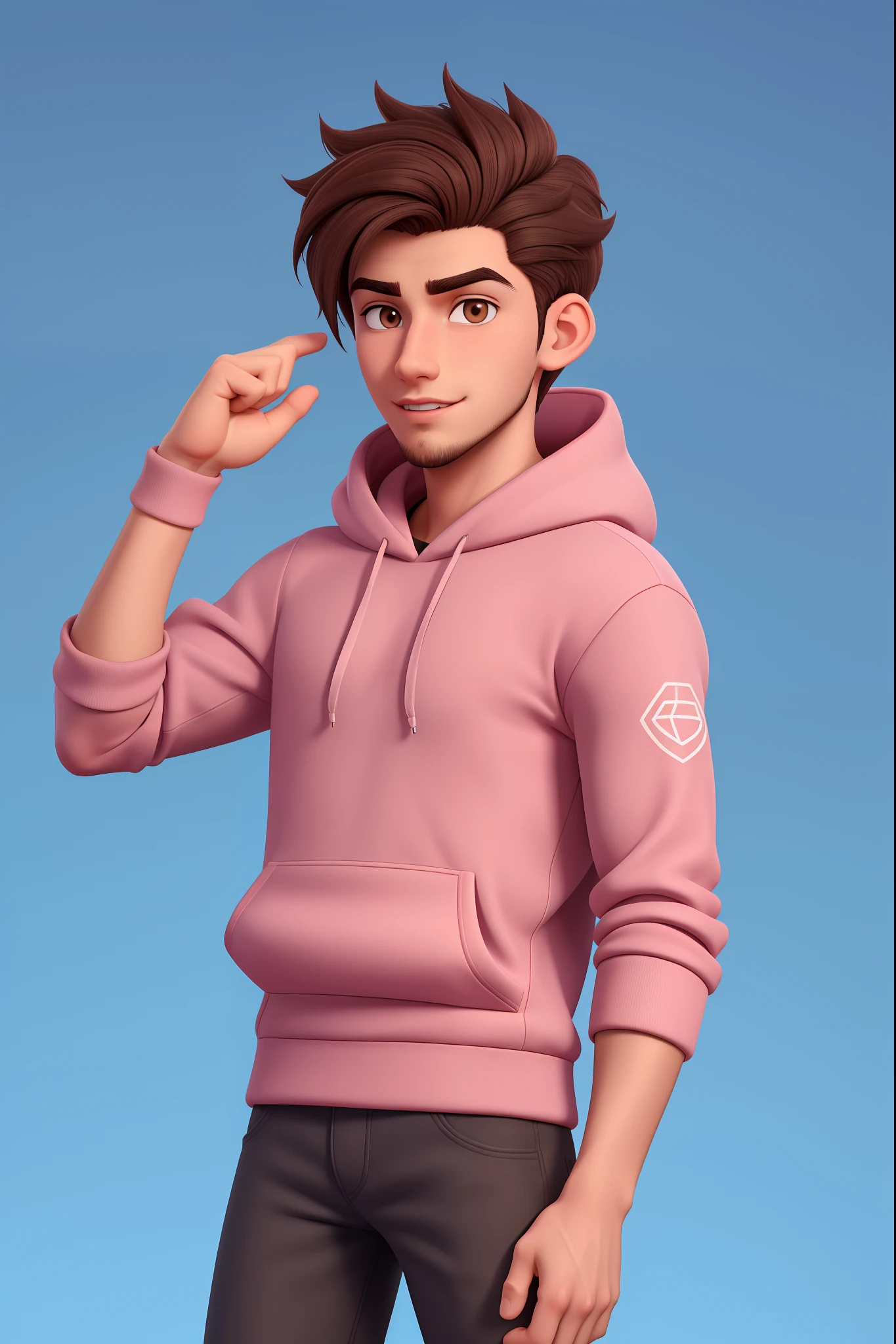 an incredibly handsome and hot young man aged 19 with short dark brown hair and brown eyes, angular jaw, box face, stubble beard, tall and lean, wearing a pink hoodie. Pro Gamer style, blue background, shock face, arms up.