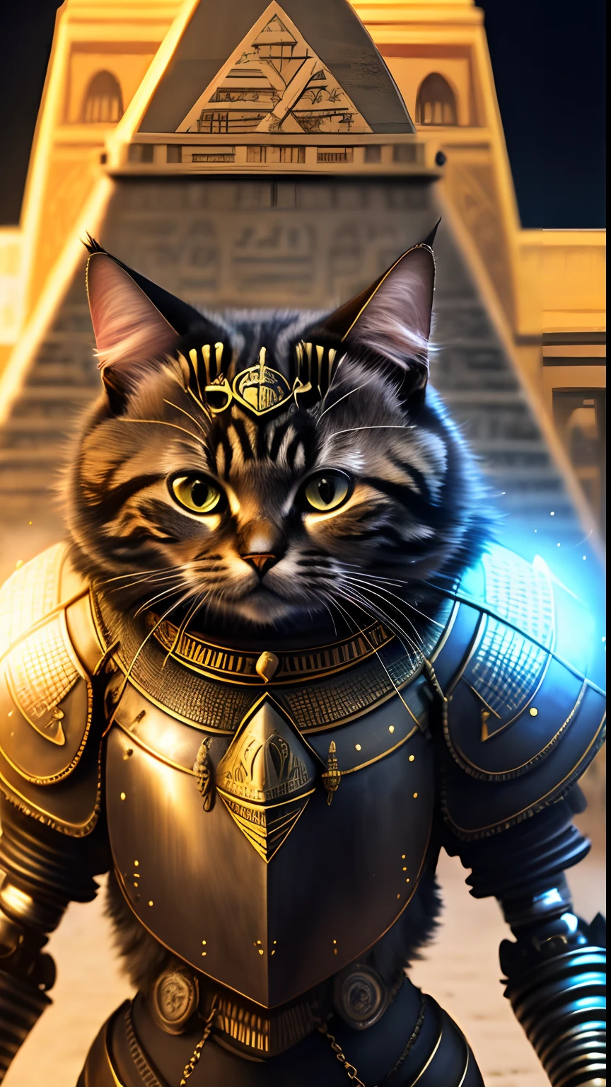 Animalrizz (( Aunt Cat Love )) 10, masterpiece, highres, Absurd,photorealistic portrait, Parley_armature,Egypt,Pyramids, Cute Robot Cat,In armor ,Wear Parley_armature, Massive futuristic armor, running, move,