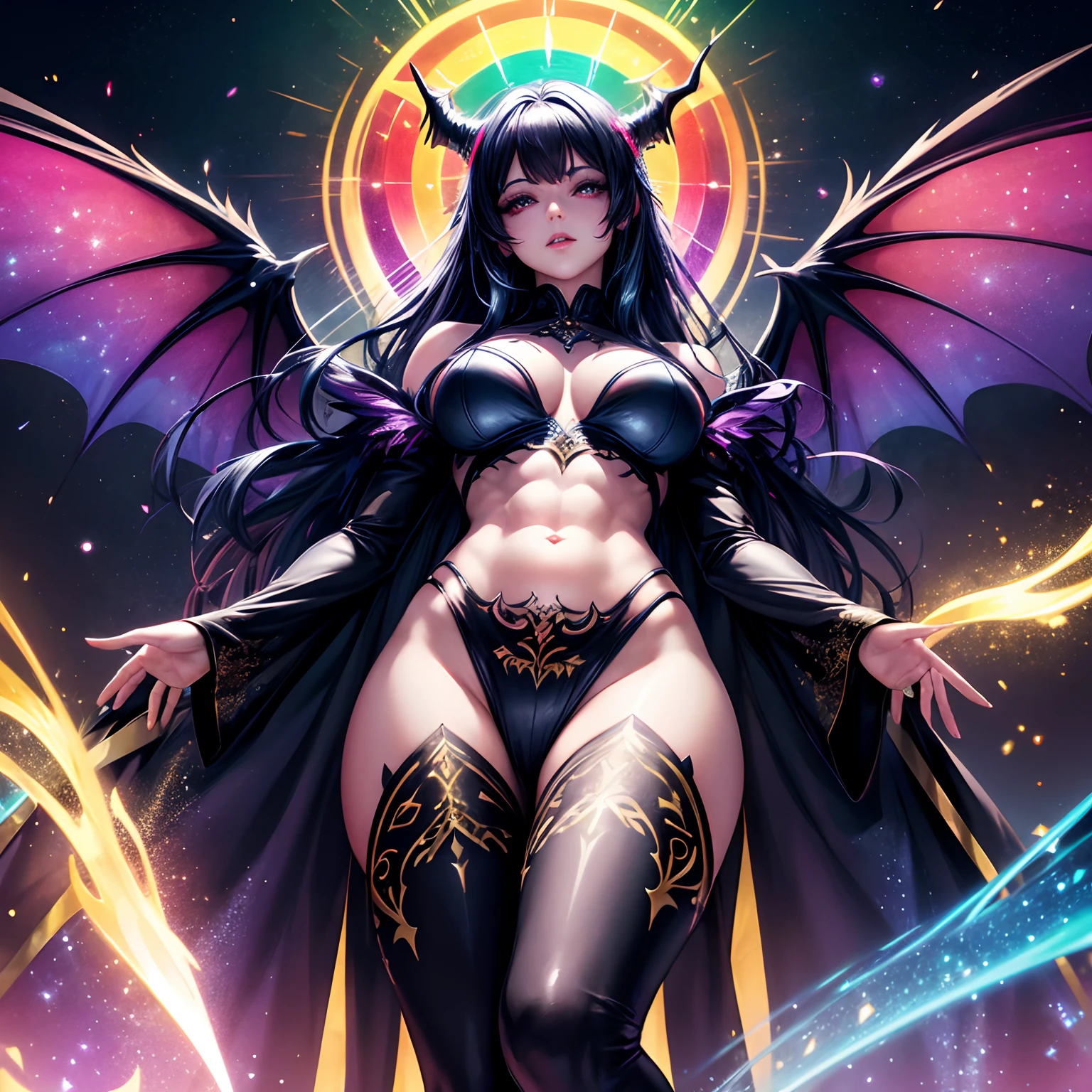 from below, finest image, (8k, RAW photo, realistic), beautiful devil queen, condescending gaze, blue shining sharp slit eyes, long eyelashes, double eyelids, crimson alluring moist big thick lips, abs, slender, perfect proportion, iridescent big rainbow-colored wings, has a fireball, black lace robe, black body painting suit and gold tattoos, blurry background fantasy, galaxy, iridescent light particles, iridescent lines, rainbow-colored neon lights, detailed and delicate depiction, professional lighting