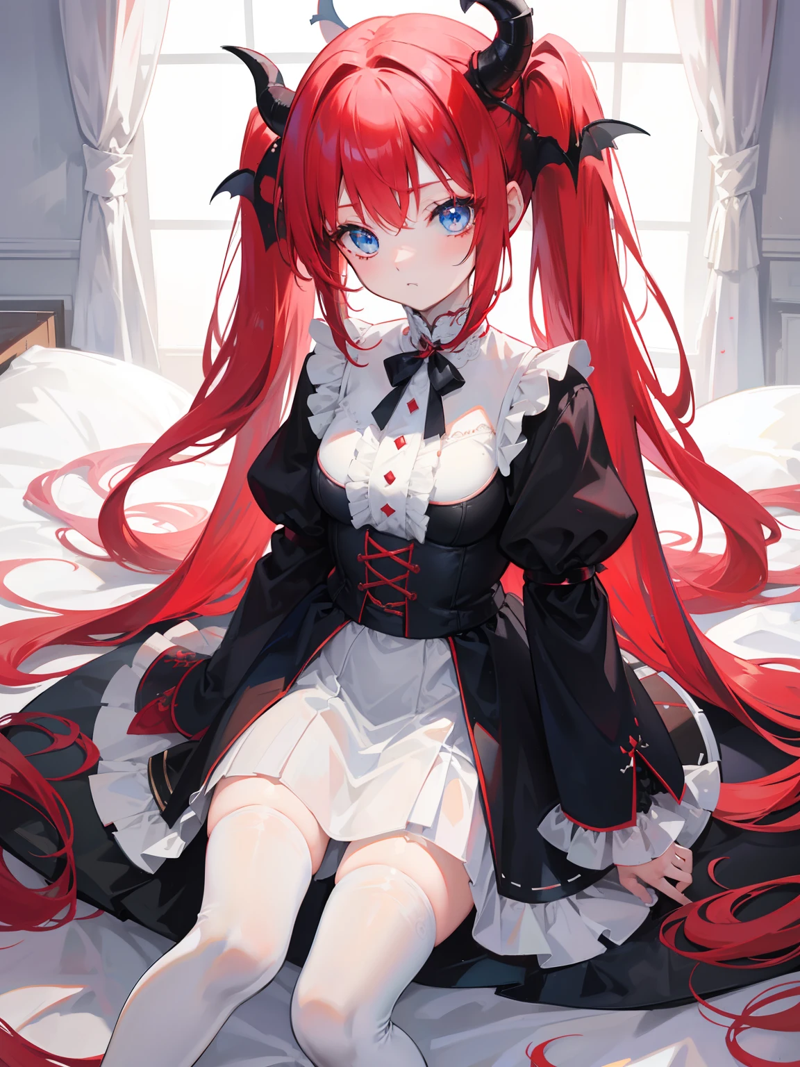 red hair,blue eyes,twintails, long hair, long sleeves, gothic, solo, loli,Short skirt, white stockings,{{best quality}}, {{masterpiece}}, {{ultra-detailed}}, {illustration}, {detailed light}, {an extremely delicate and beautiful}, girl,cute,dragon horns