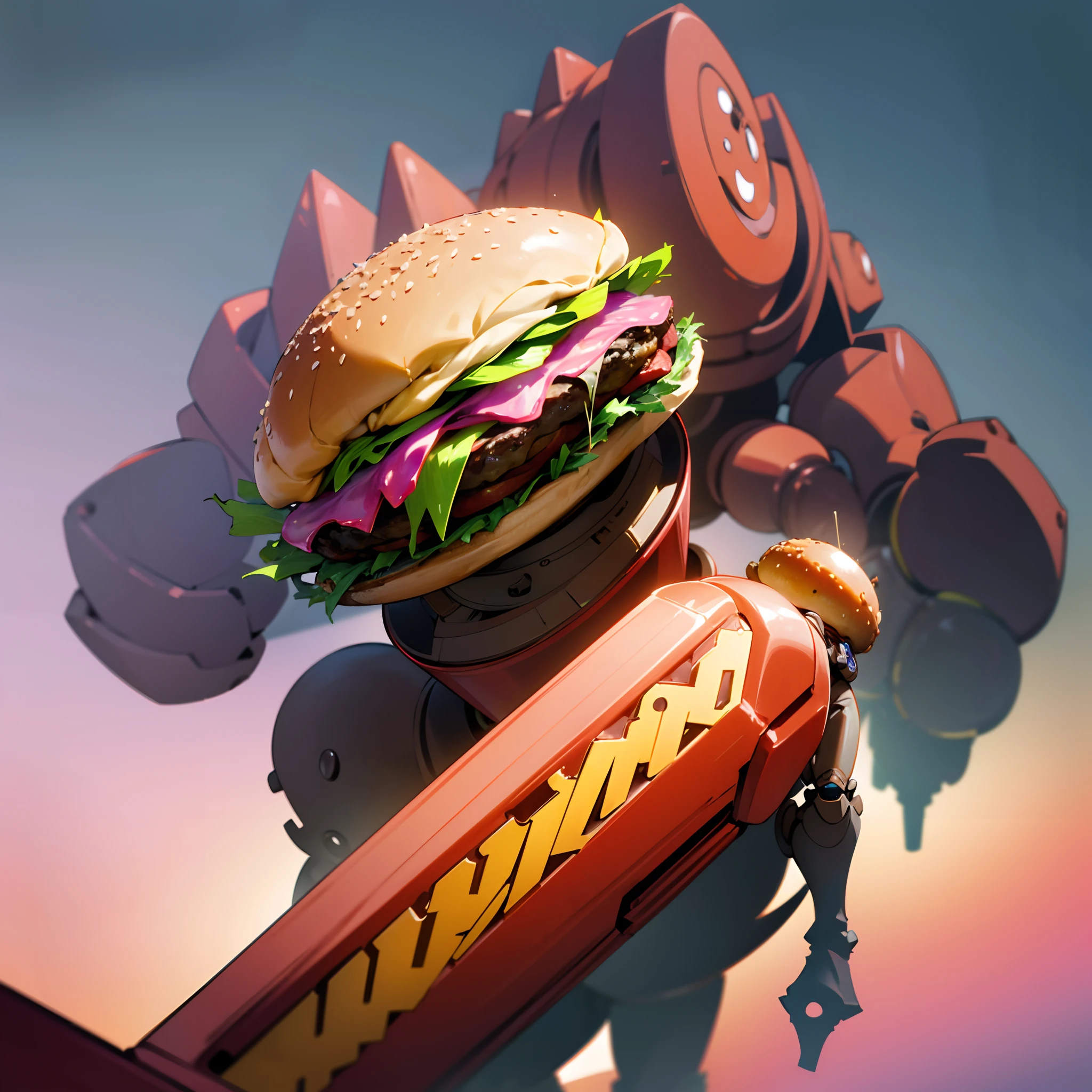 Stable diffusion cues: Giant burger monster, gigantic monster, Monsters flowing with gravy，The hamburger serves as the shape of the head, With mechanical parts, mechanical leg, Mechanicalweapon, (Best quality, 4K, A high resolution, Masterpiece:1.2), Ultra-detailed, (Realistic:1.37), Similar to a robot, towering, menacing, Futuristic, Surreal, Vibrant colors, Dramatic lighting