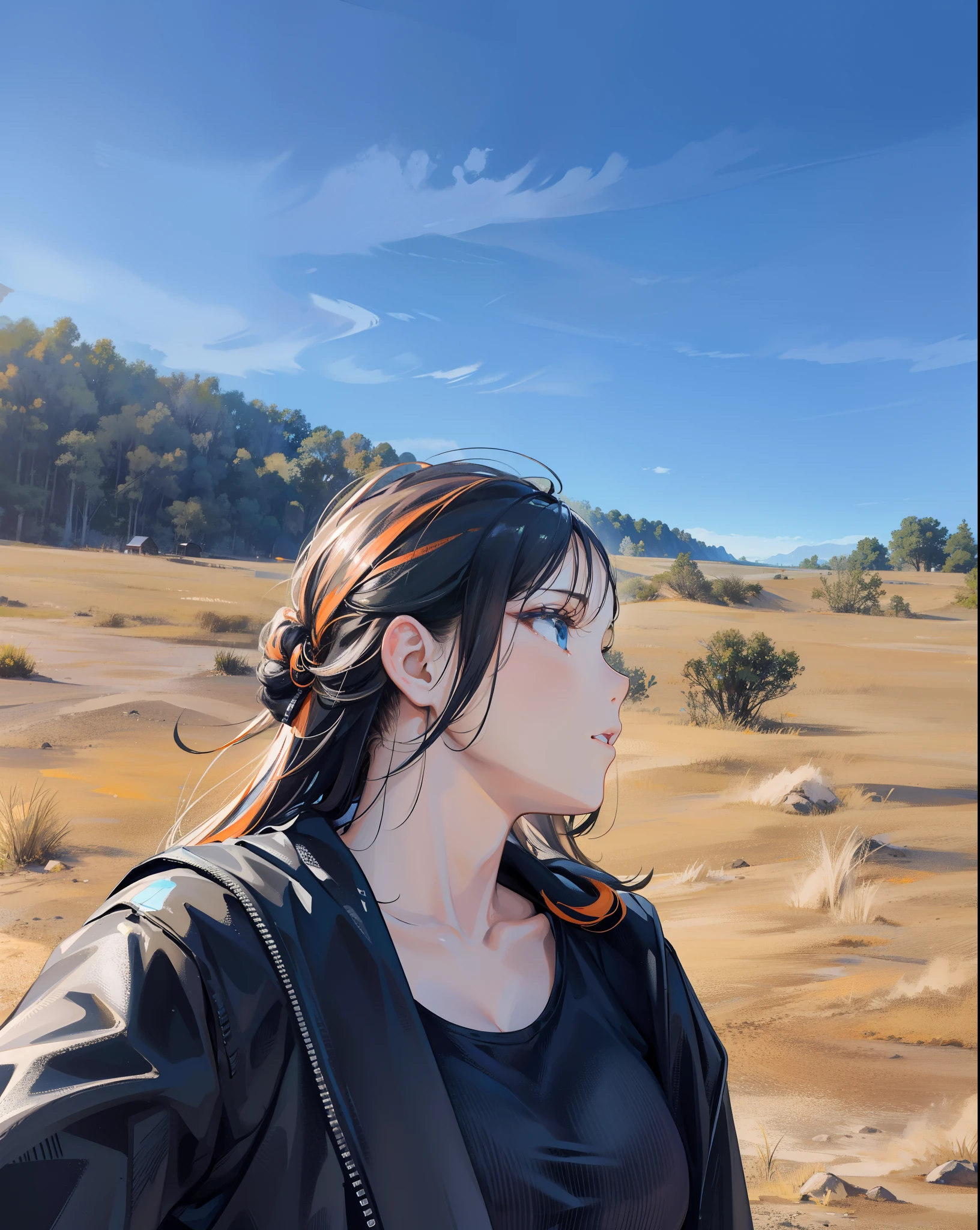 1 beautiful girl, facing sideways, an explorer, beautiful face, beautiful eyes, thin lips, sharp nose, black orange hair, wearing a plain black t-shirt and black parachute jacket, beautiful breasts