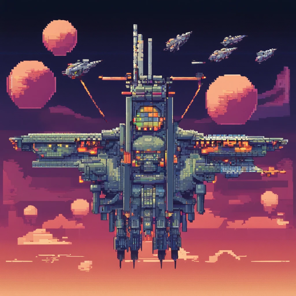 The last boss of vertical scrolling shooter、retro gaming、Symmetrical shape、spaceships、There are cockpits in the front and rear