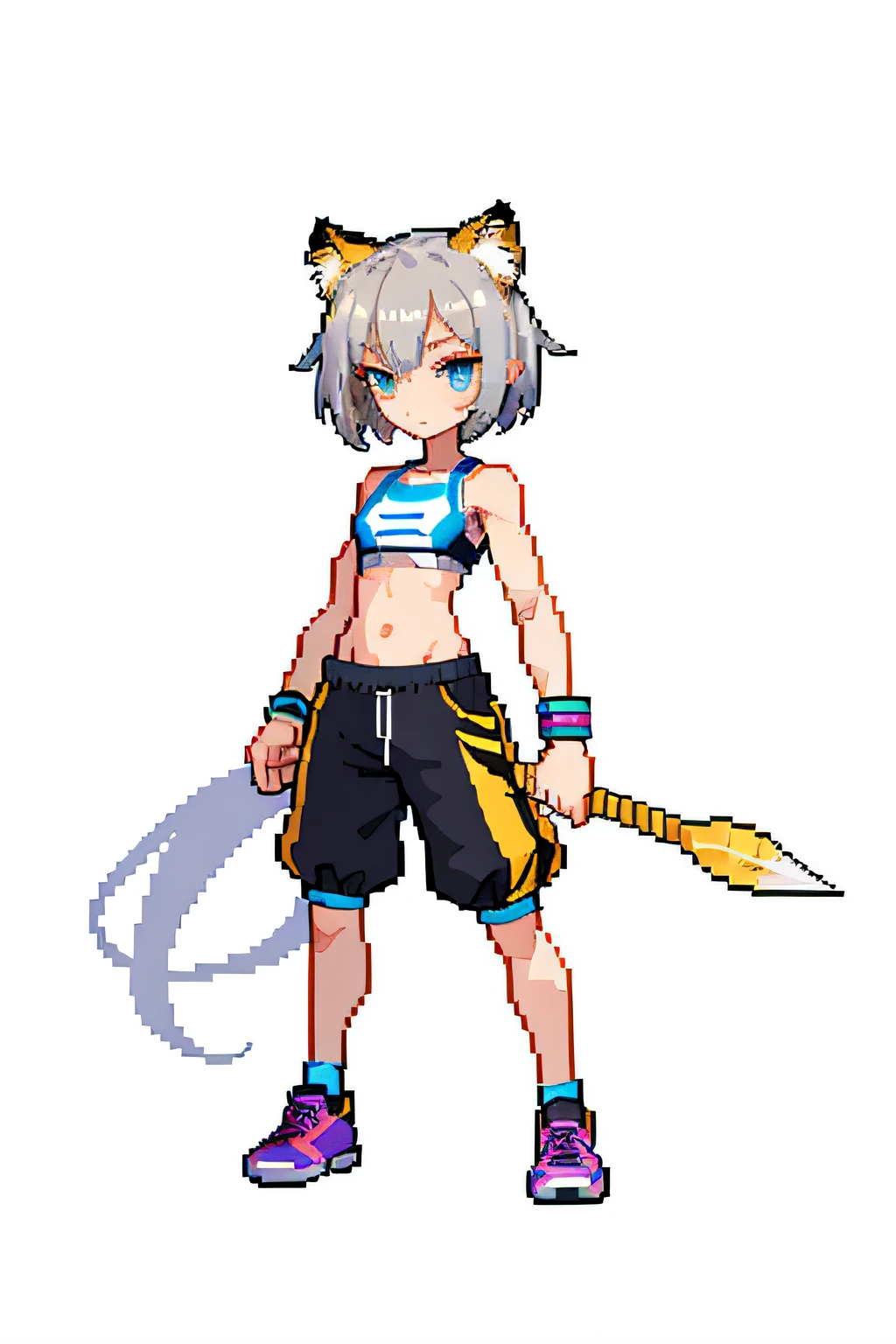 （tmasterpiece，top Quority，best qualtiy），pix，pixelart，teens girl，Gray hair，Has a furry tail，There are cat ears，full bodyesbian，There is a bandage，athletic sneakers，Bandeau top，shorter pants，Short socks，Wear a bracelet，There are leg loops，Hold the spear weapon in both hands，A spear that can be used as a weapon，Charming，Raised sexy，short detailed hair，There are tiger teeth，wildness，Wheat-colored skin，It has a refined pixel style，It belongs to the game character design，The background color quality is relatively high，There are draft designs on the front and sides of the drawing