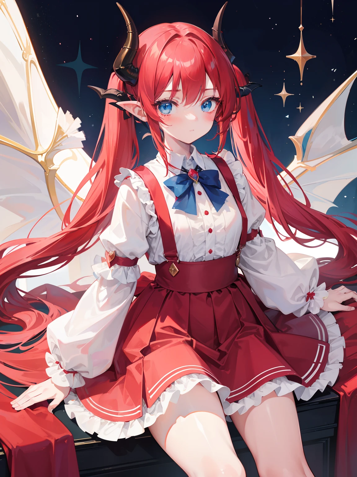 {{best quality}}, {{masterpiece}}, {{ultra-detailed}}, {illustration}, {detailed light}, red hair,blue eyes,twintails,lolita,Suspenders skirt,Fantastic,loli,solo,Dragon horns,little girl,long hair