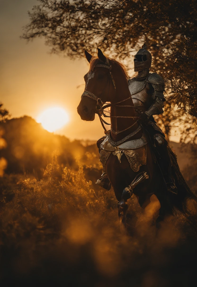 Skeleton Knight,Golden crown,Raise your sword,Skeleton horse,the setting sun,Dusk yellow,epic sense,4K,Optimal image quality