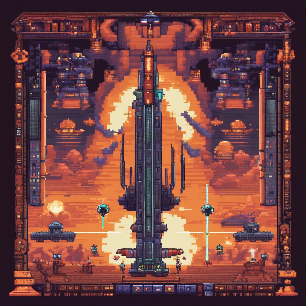 The last boss of vertical scrolling shooter、retro gaming、Symmetrical shape、spaceships、Front and rear are front