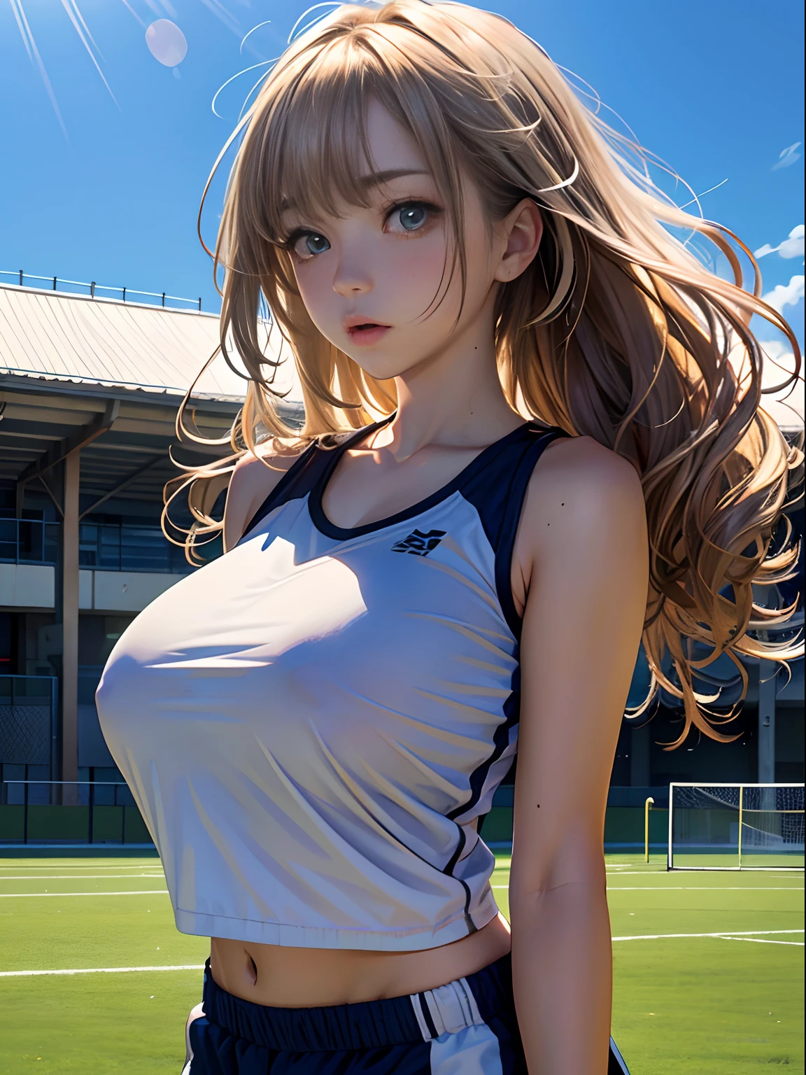 Girls、(masterpiece:1.4)、(in 8K、realisitic、Raw photo、top-quality:1.4)、(Real Face:1.4)、(real looking skin:1.3)、超A high resolution、A hyper-realistic、Eyes in Beautiful Details、Blonde longhair、Wavy hair、Bloomers in gym clothes、no-bra、high detailing、(huge-breasted:1.5)、Blushing、Embarrassed look、gargantilha、School sports ground