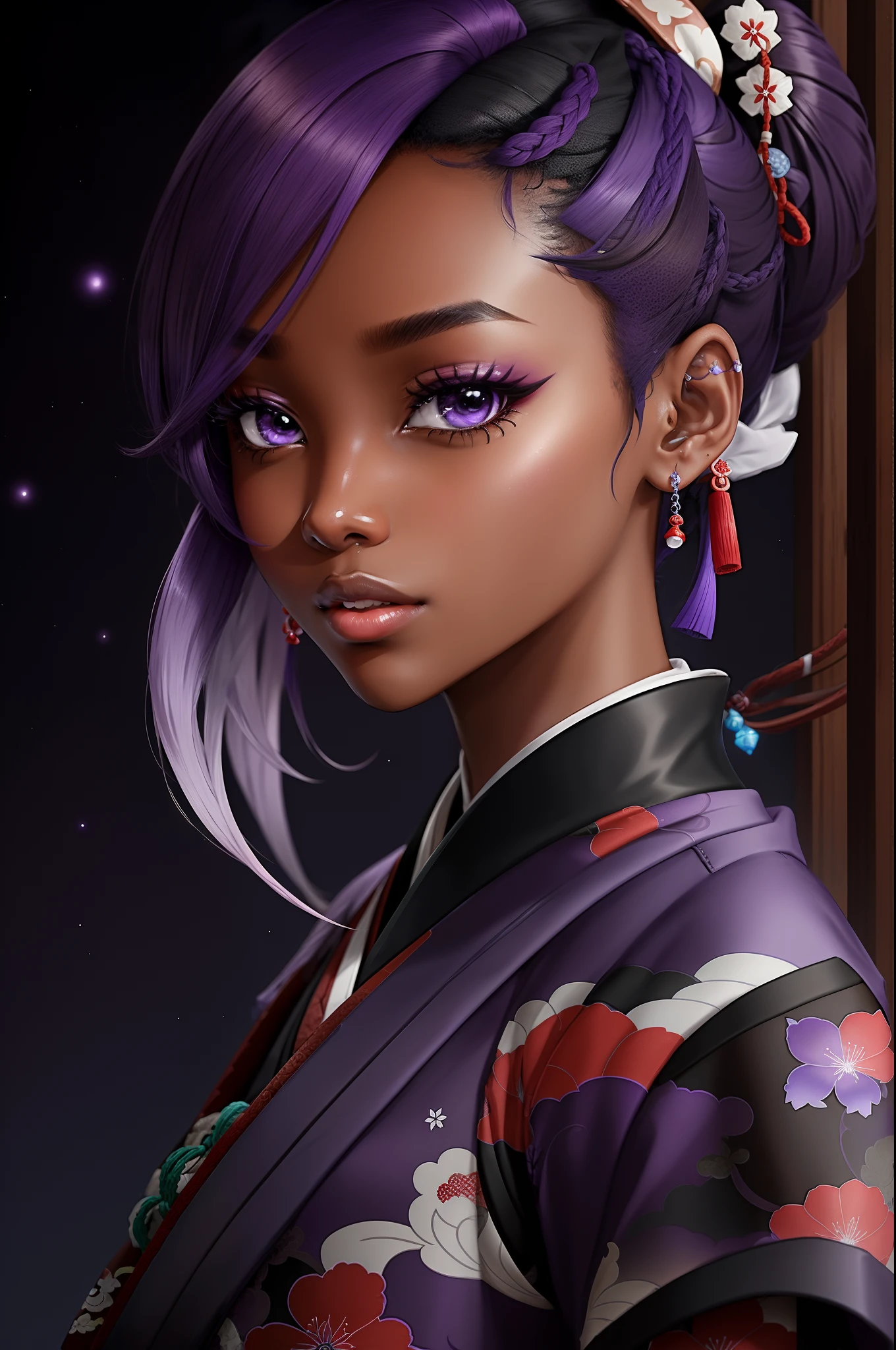 genshin impact dark skinned women purple hair cold