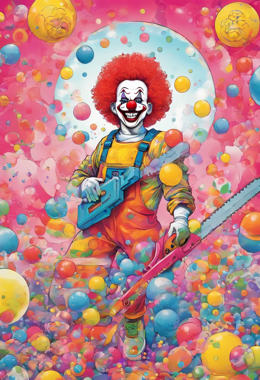 A clown with a motorized chainsaw in both hands with rubber chickens and bubbles in the background with rubber chickens and clown horns and bubbles in the background
