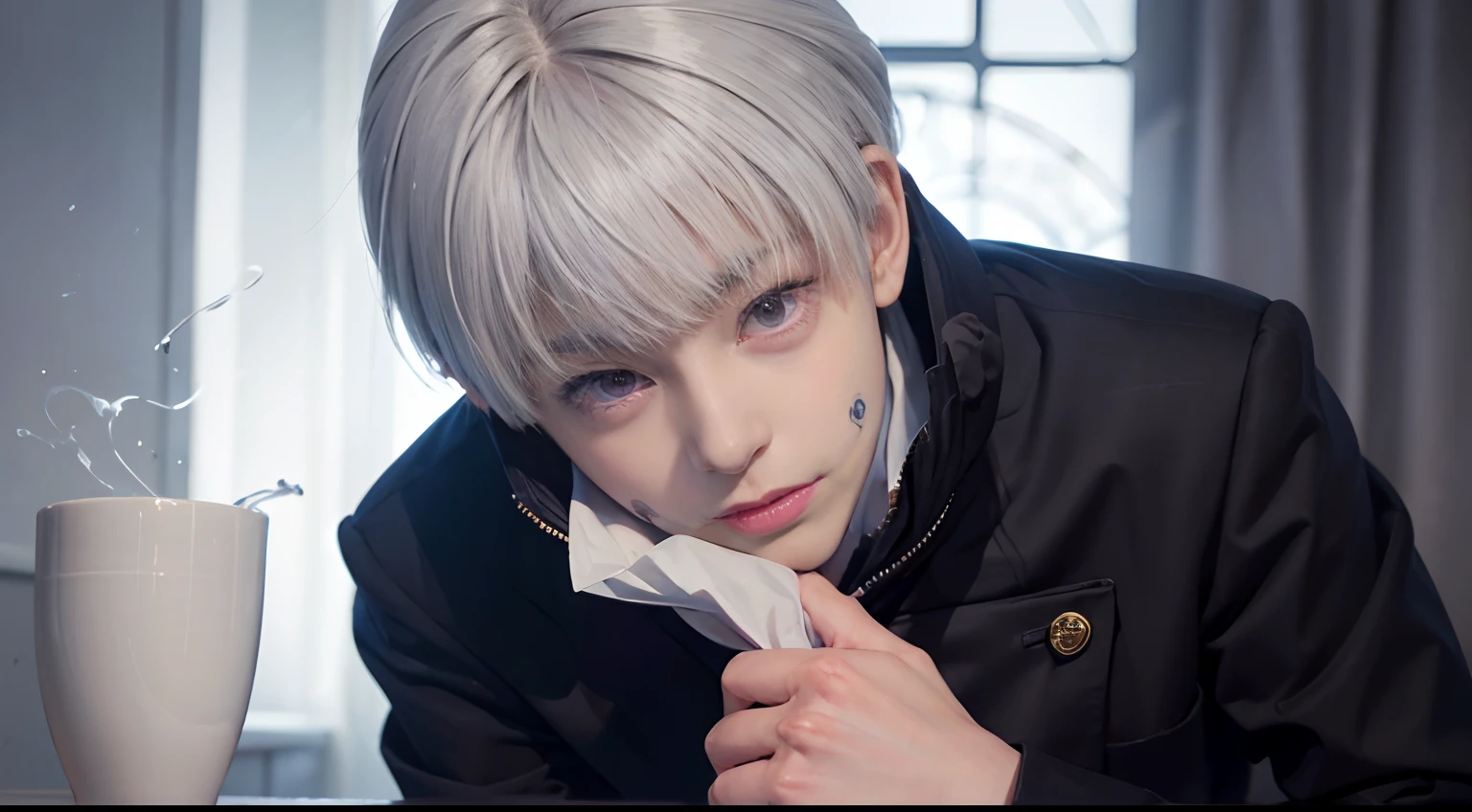 covered mouth, inumaki toge, white hair, school uniform, black jacket, high collar, long sleeves, realistic, film grain, upper body, 1boy, detailed face, detailed skin, skin pores