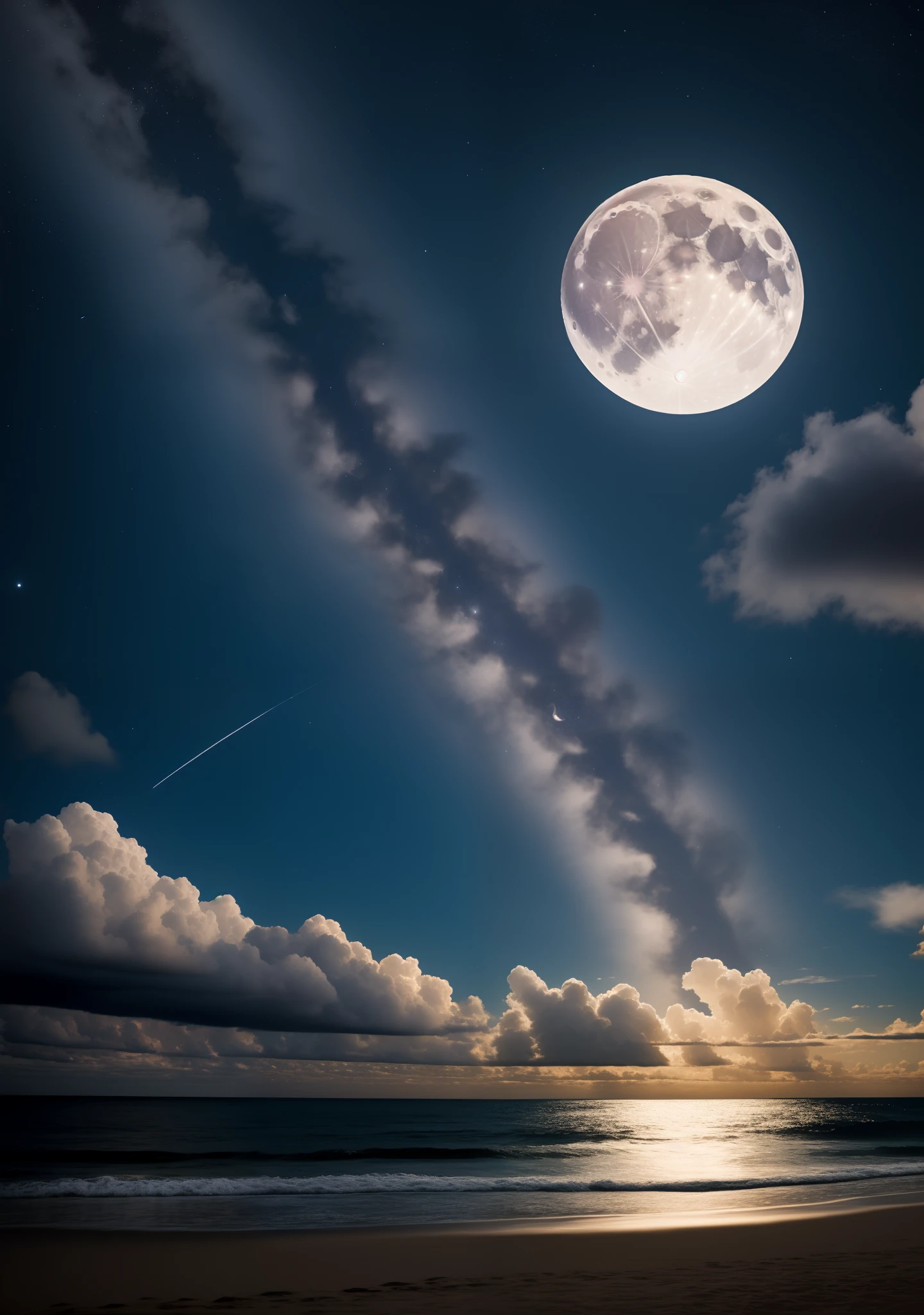 Calm ocean
cloudy night sky
full moon