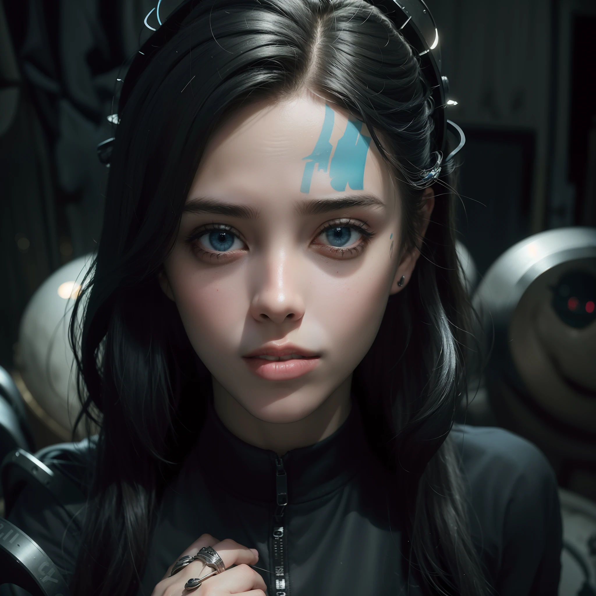 Man, Dark and gloomy full-body 8K drive rendering, ciborgue adolescente feminino, cabelo azul, vestindo armadura de batalha quebrada, in cluttered and messy shack, action shot, camisa rasgada esfarrapada, pele rachada de porcelana, poros da pele, detailed intricate iris, very dark lighting, sombras pesadas, rosto detalhado e detalhado, ((Vibrando, Foto realista, realista, Dramatic, Escuro, foco nítido, 8k)), ::style futurista cyberpunk, Estilo realista, ::n_style pintura digital, deformed parts, rosto deformado, ((rosto feio)), ((deformed hands)),