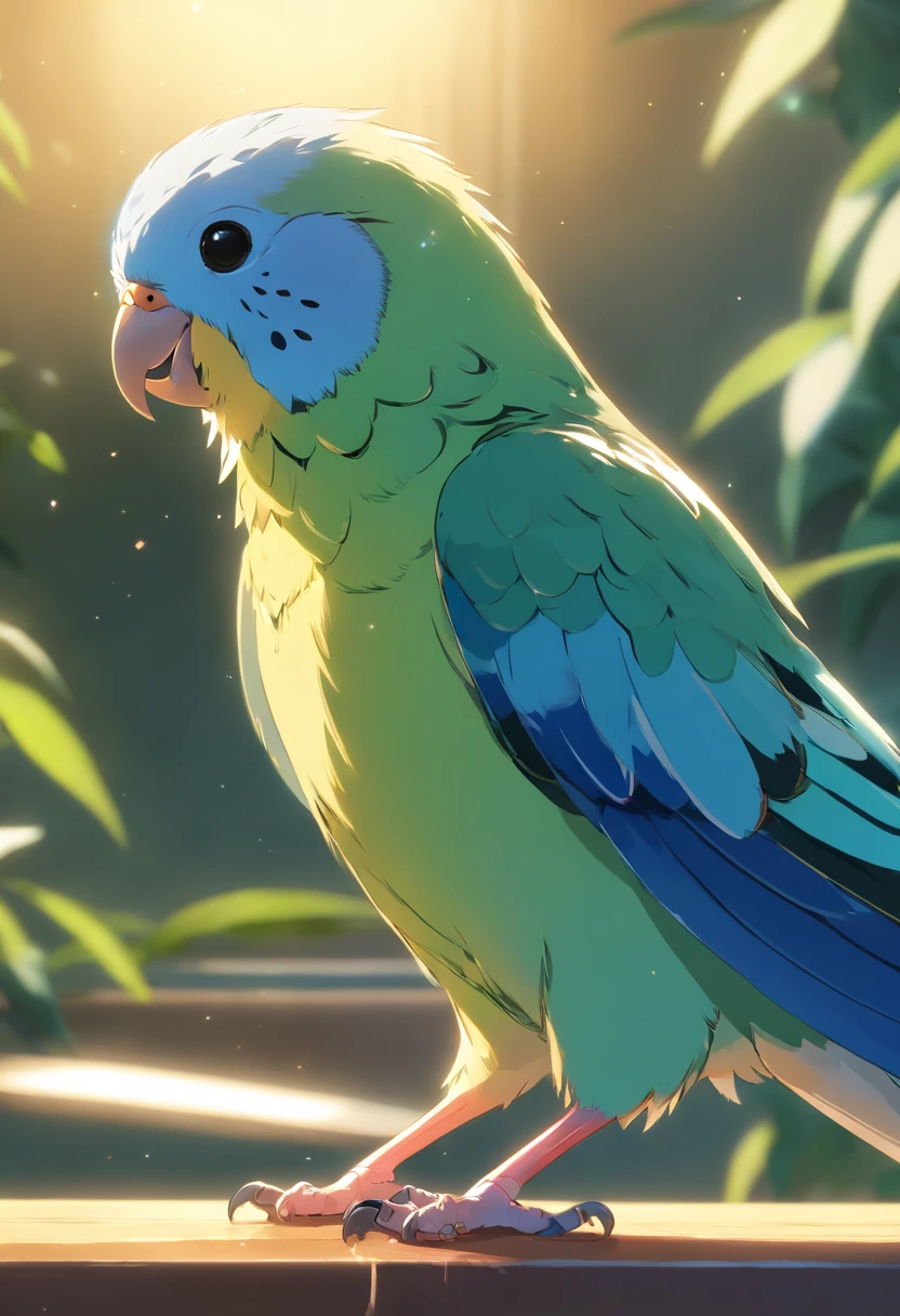 Singing budgie with blue feathers, Round and cute black eyes, And beautiful subtle tones. Budgerigar is exquisitely detailed and、、Its plumage is of the highest quality. The artwork is highly detailed, Capture all the intricate details of budgie feathers and characteristics. The lighting is soft, Creates a calm and calm atmosphere. Images are rendered in high resolution (4K, 8K) To show off your masterpiece in all its glory.