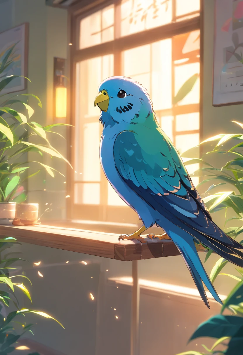 Singing budgie with blue feathers, Round and cute black eyes, And beautiful subtle tones. Budgerigar is exquisitely detailed and、、Its plumage is of the highest quality. The artwork is highly detailed, Capture all the intricate details of budgie feathers and characteristics. The lighting is soft, Creates a calm and calm atmosphere. Images are rendered in high resolution (4K, 8K) To show off your masterpiece in all its glory.