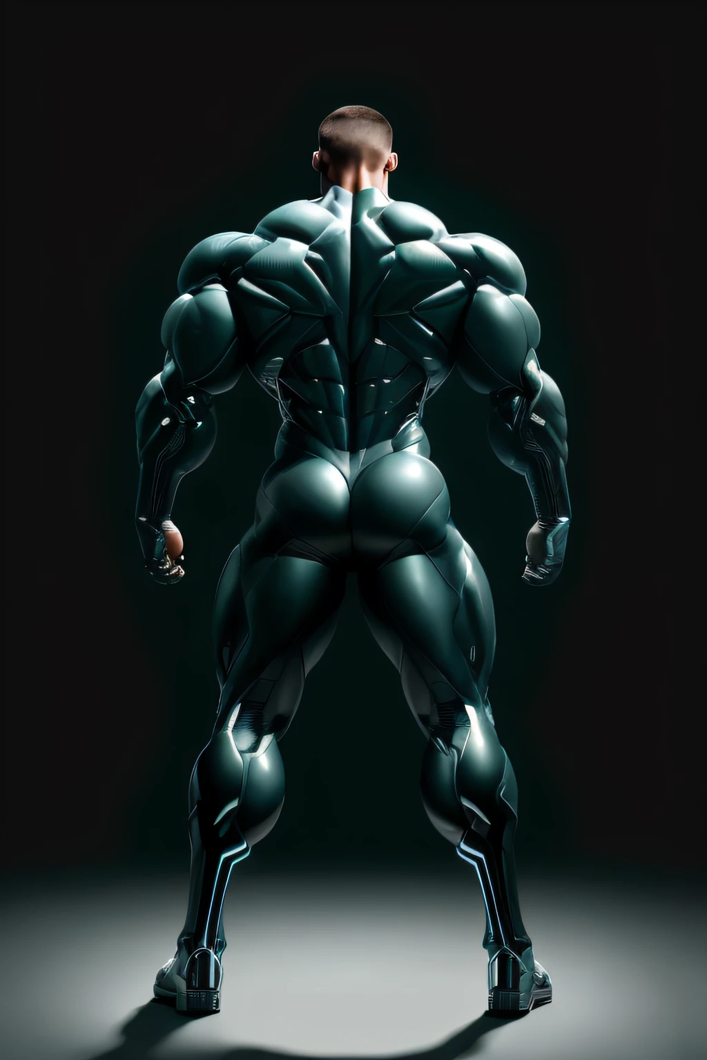((Full body image)) Cyborg hero, metalic black bodysuit, muscular, handsome man, covered erect, covered abs, bodybuilder, huge, superbodybuilder. muscle morph, hunk pecs, spaceship (((Mexican ethnicity))). ((Back)) huge, firm muscular thighs, round buttocks and round butt with back, huge ((Huge buttocks)).