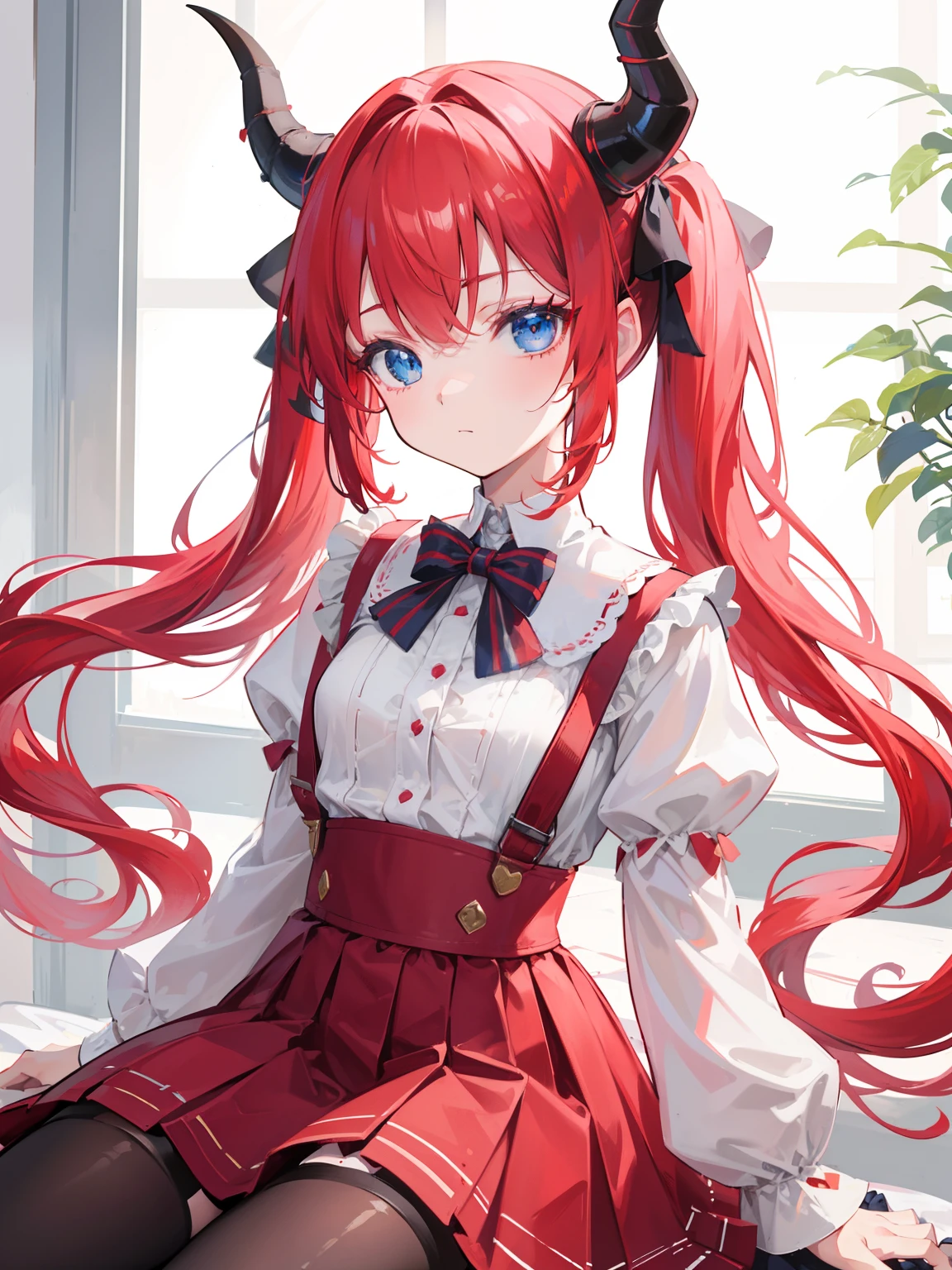 {{best quality}}, {{masterpiece}}, {{ultra-detailed}}, {illustration}, {detailed light}, red hair,blue eyes,twintails,lolita,Suspenders skirt,Fantastic,loli,solo,Dragon horns,little girl,long hair