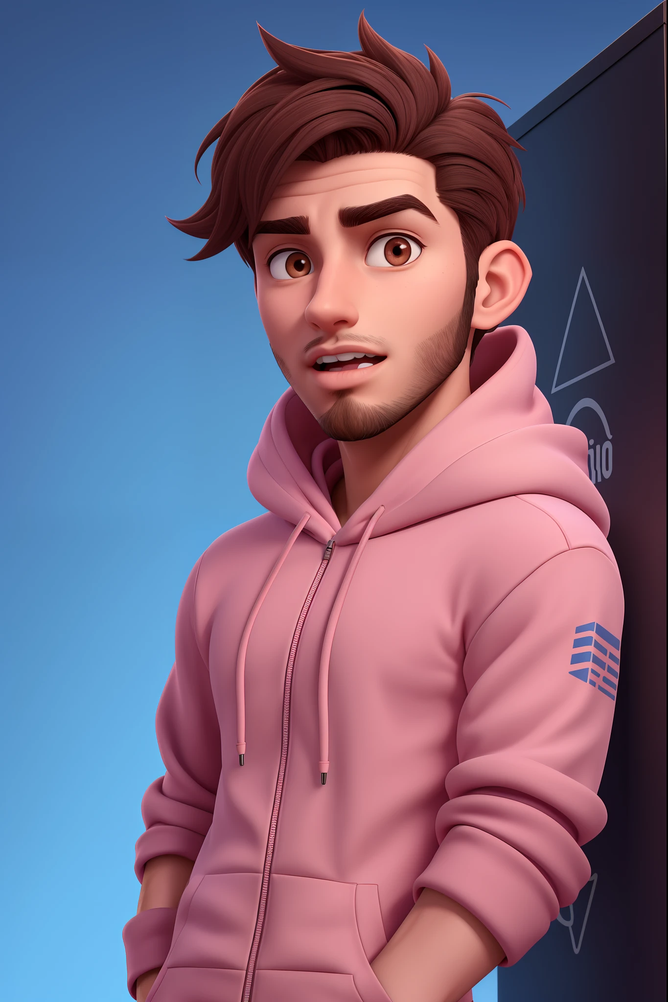 an incredibly handsome and hot young man aged 19 with short dark brown hair and brown eyes, angular jaw, box face, stubble beard, tall and lean, wearing a pink hoodie. Headphone gamer, blue background studio, shock face, open mouth, arms up.