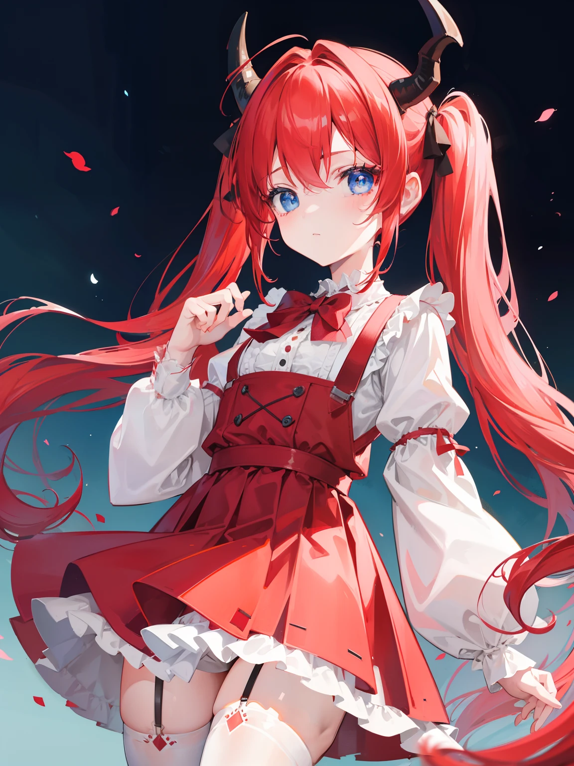 {{best quality}}, {{masterpiece}}, {{ultra-detailed}}, {illustration}, {detailed light}, red hair,blue eyes,twintails,ta,Suspenders skirt,Fantastic,lolio,Dragon horns,little gir