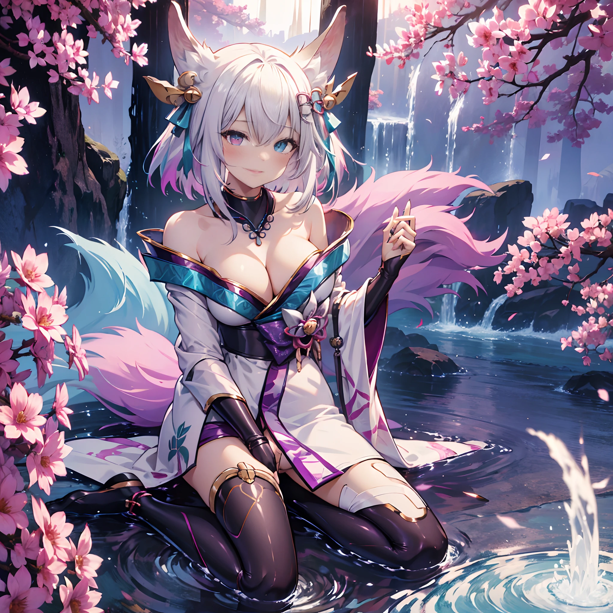 (Best quality, highres, 1 girl, solo), fusion Tobiichi+Ahri, fox ears, white hair with pink tips, very large breasts, fox tails, smirk, surprised look, red loose kimono, purple eyes, heterochromia, corrupted, black pantyhose