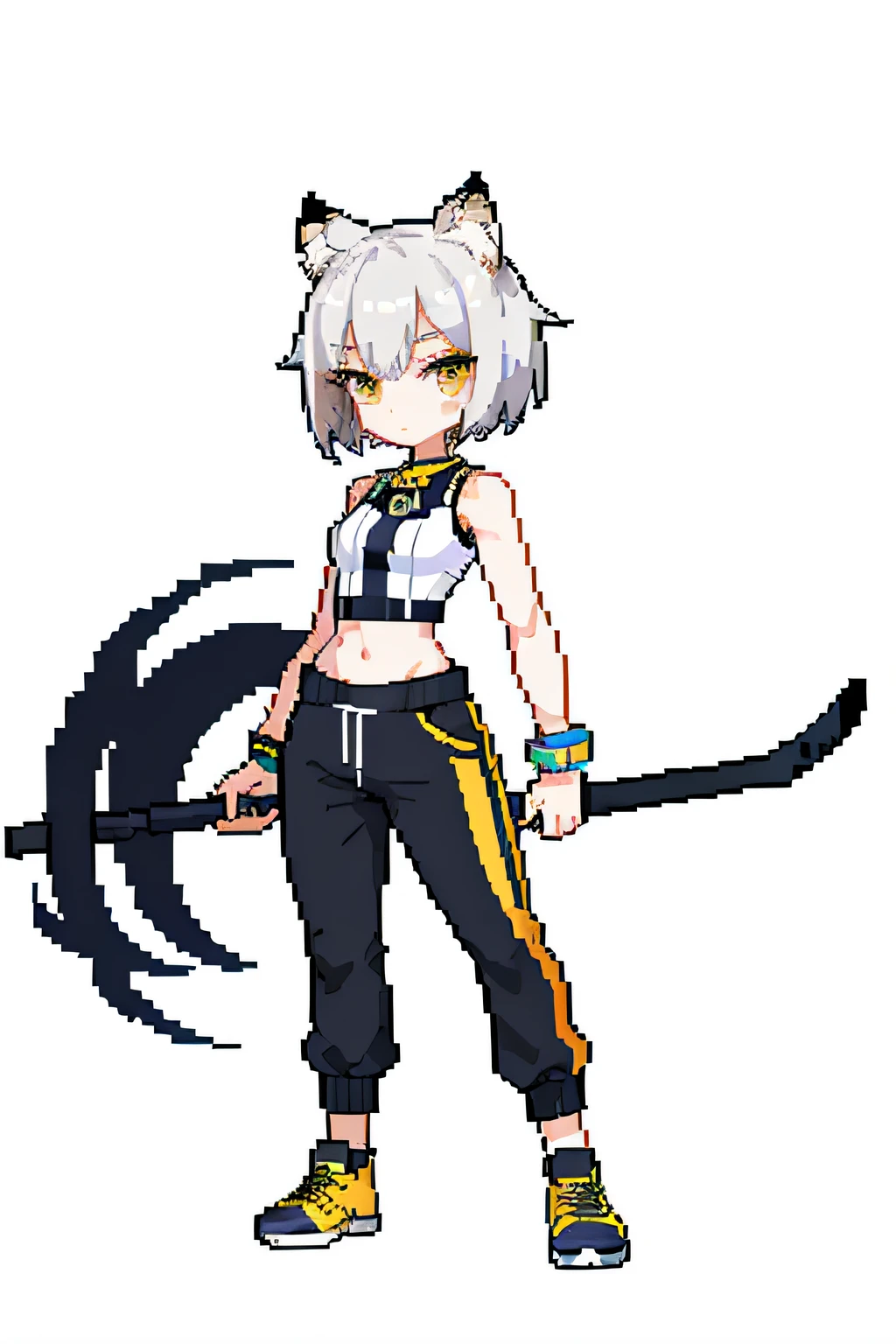 (tmasterpiece,top Quority,best qualtiy),pix,pixelart,s girl,Gray hair,shinigami,scyscraper,Has a furry tail,There are cat ears,full bodyesbian,There is a bandage,athletic sneakers,Bandeau top,shorter pants,Short socks,Wear a bracelet,There are leg loops,Hold the long-handled weapon in both hands,A scythe that can be used as a weapon,Charming,Raised sexy,short detailed hair,There are tiger teeth,wildness,Wheat-colored skin,It has a refined pixel style,It belongs to the game character design,The background color quality is relatively high,There are draft designs on the front and sides of the drawing