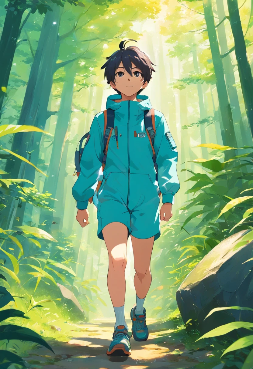 Two-dimensional boy Shota，One-piece hiking suit，headset on head，adolable，standing on your feet，Protective goggles，Rabbit ears and rabbit tail