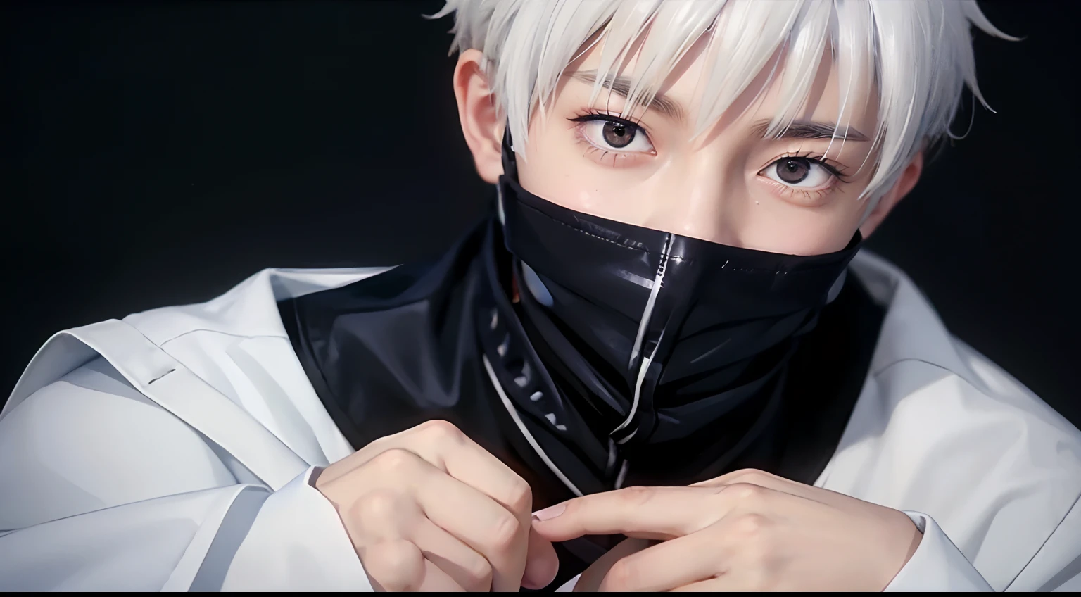 TogeInumaki,1boy,covered mouth, white hair, school uniform, black jacket, high collar, long sleeves, realistic, film grain, upper body, 1boy, detailed face, detailed skin, skin pores, handsome, black clothes