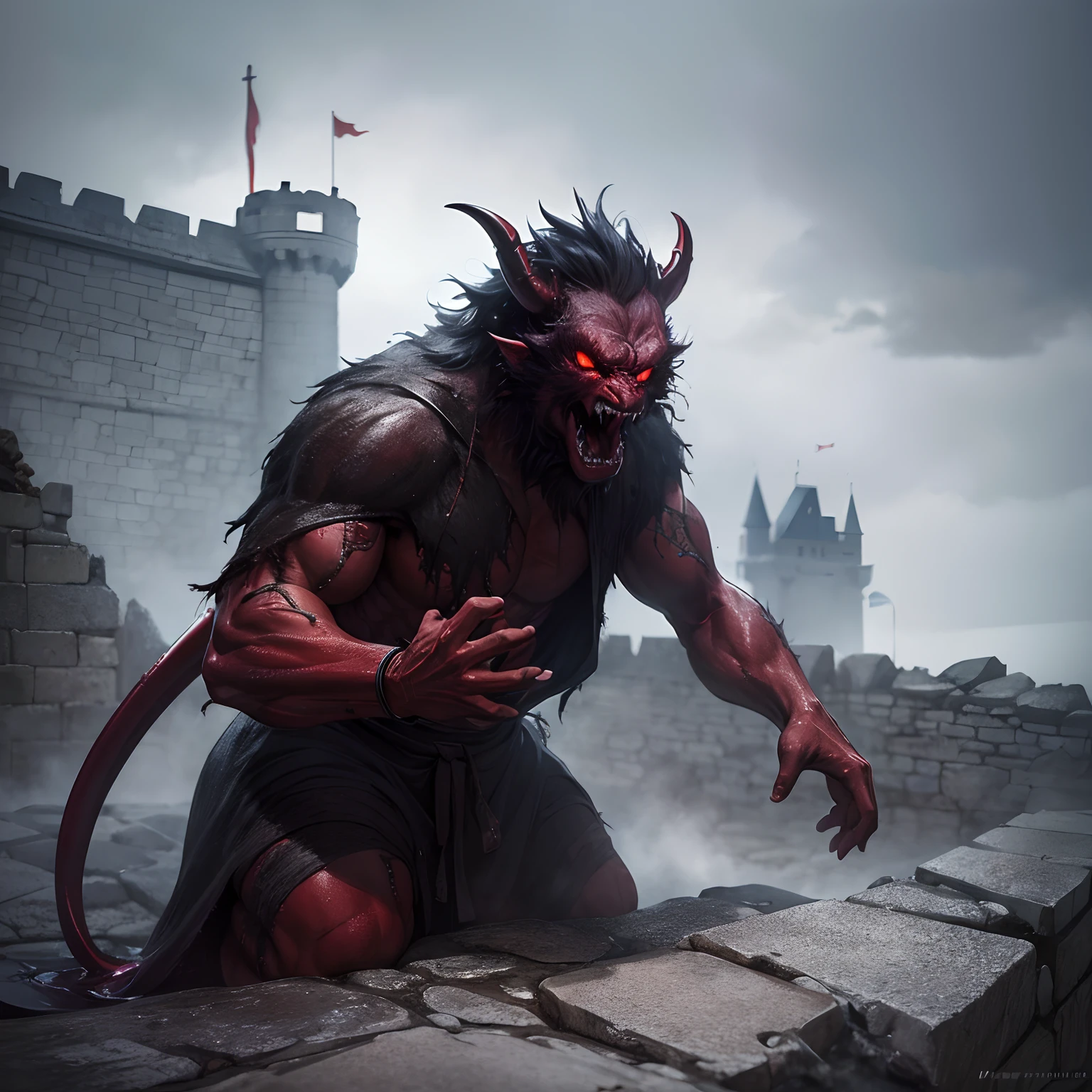 deformed chobi character, finest image, (8k, RAW photo, realistic), a devil emerges from a stain on the stone wall of a castle, dark fantasy