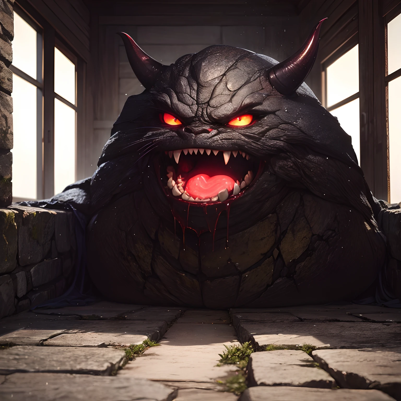 deformed chobi character, finest image, (8k, RAW photo, realistic), a devil emerges from a stain on the stone wall of a castle, dark fantasy