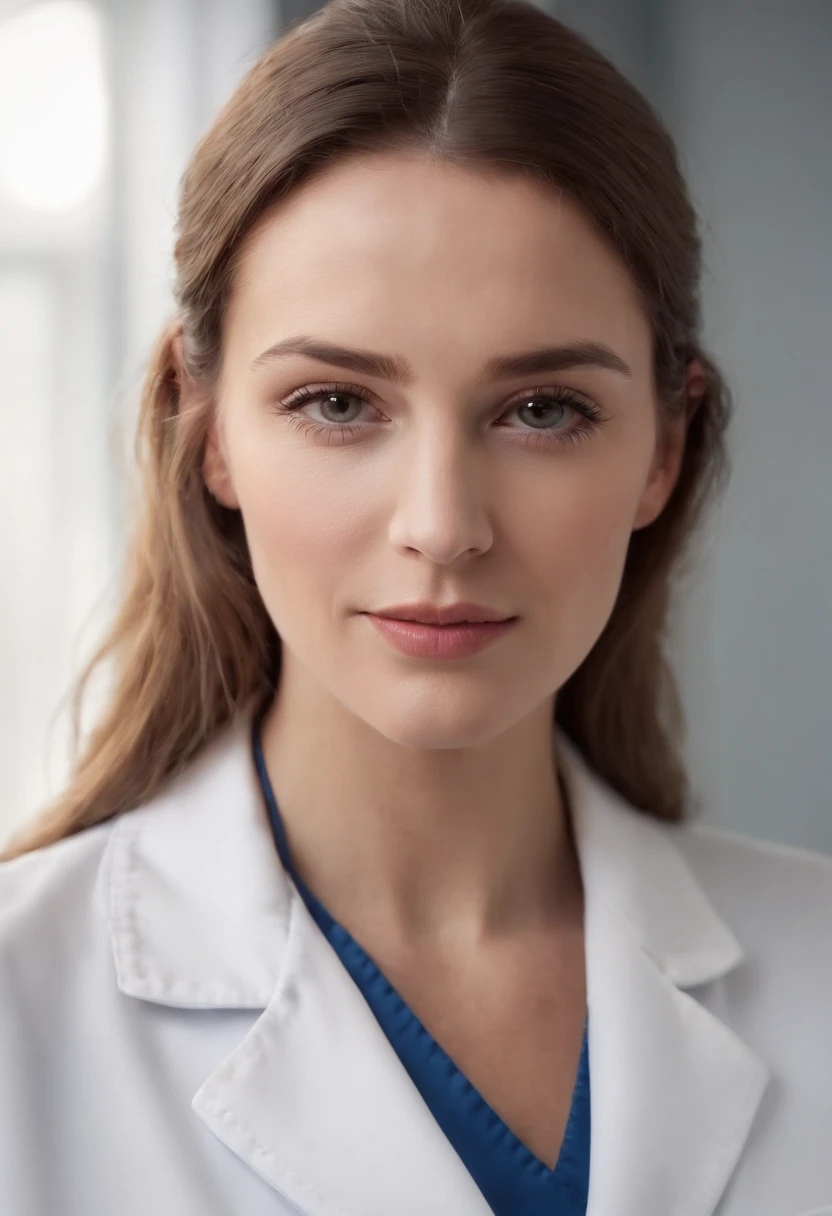 a close up of a woman in a white lab coat with a stethoscope, wearing lab coat and a blouse, doctor, by Jeanna bauck, nurse, professional picture, jenna barton, with a stethoscope, medical doctor, by Lena Alexander, katey truhn, with a lab coat, by Whitney Sherman, by Rhea Carmi, by Kathleen Scott realistic, best quality, photorealistic, masterpiece, 8k, high res, solo, extremely detailed face, (professional lighting, bokeh), (light particles, lens flare, glowing particles:0.6), (dynamic pose:1.2), soft lighting, top angle view, fashionable and trendy atmosphere