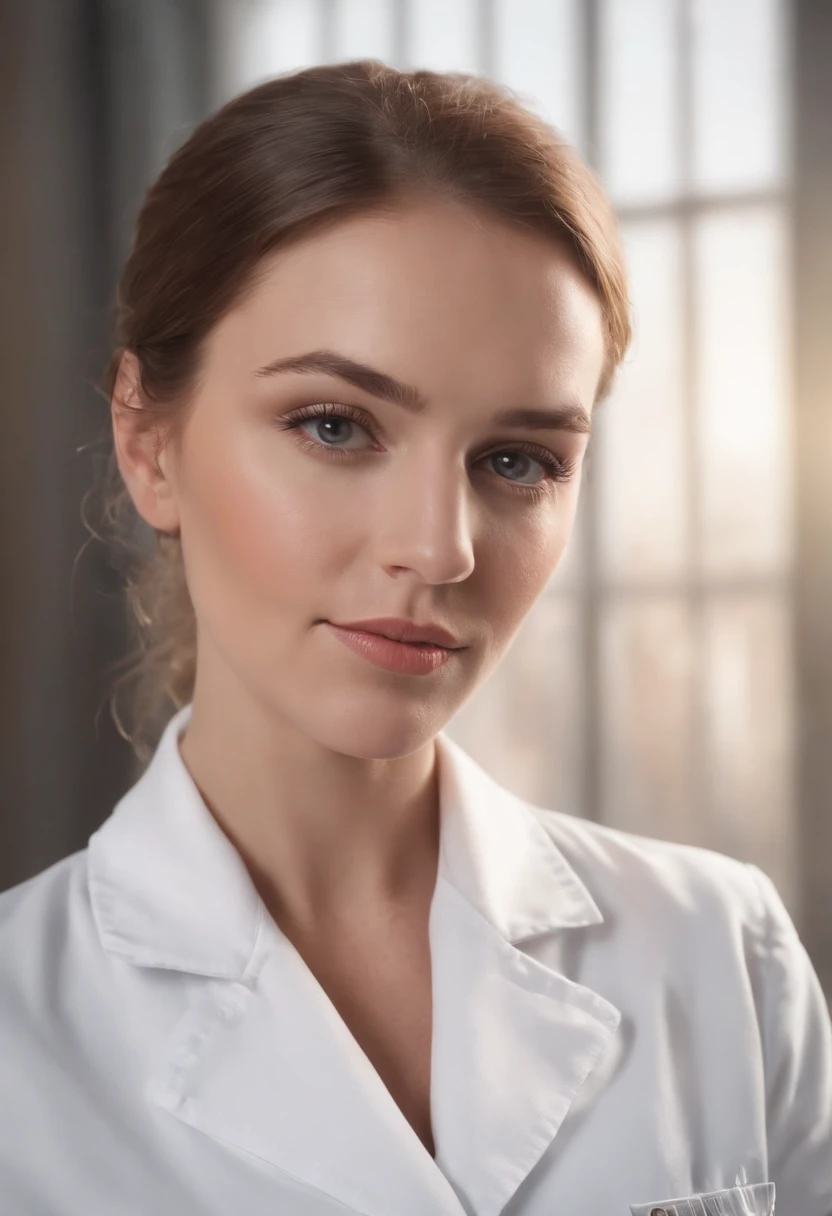 a close up of a woman in a white lab coat with a stethoscope, wearing lab coat and a blouse, doctor, by Jeanna bauck, nurse, professional picture, jenna barton, with a stethoscope, medical doctor, by Lena Alexander, katey truhn, with a lab coat, by Whitney Sherman, by Rhea Carmi, by Kathleen Scott realistic, best quality, photorealistic, masterpiece, 8k, high res, solo, extremely detailed face, (professional lighting, bokeh), (light particles, lens flare, glowing particles:0.6), (dynamic pose:1.2), soft lighting, top angle view, fashionable and trendy atmosphere