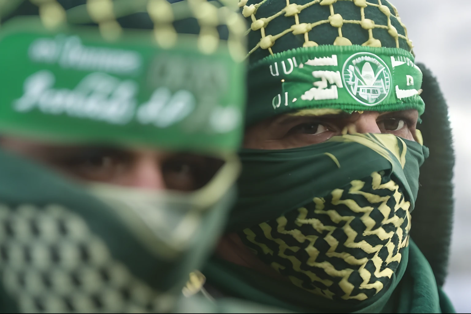 Dos hombres con sombreros y bufandas verdes y doradas, Photo credit: Ap, Jamel Shabbaz, por Robert Jacobsen, 🕹️ 😎 🔫 🤖 🚬, foto de perfil, amenazante, por Bernard Meninsky, por Emanuel Witz, video still, por Matija Jama, Totalmente cubierto, Green robes, Toma de retrato, Primer plano - Ver, Foto de perfil
