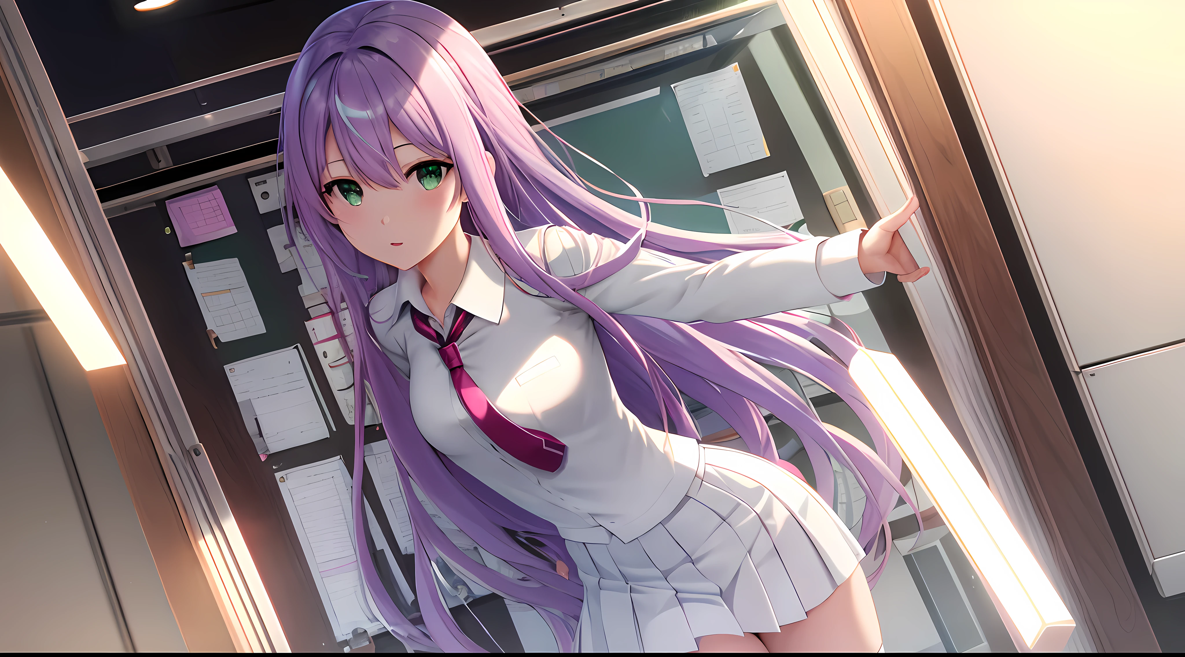 Athena with plain long light purple hair,hair between eyes,green eyes,rosy cheeks,full lips,thin eyebrows,slender body,wearing school uniform necktie and full long skirt,praying beads on neck,cute anime girl,full body,classroom in background,anime style,Lumen Reflections,Screen Space Reflections,Diffraction Grading,Chromatic Aberration,GB Displacement,Scan Lines,Ray Traced,Anti-Aliasing,FXAA,TXAA,RTX,SSAO,Shaders,OpenGL-Shaders, GLSL-Shaders,Post Processing,Post-Production,cell Shading,Tone Mapping,CGI,VFX,SFX,insanely detailed and intricate, 4K,standing, solo, masterpiece, best quality, detailed face, detailed eyes, highres, standing, solo,masterpiece, best quality