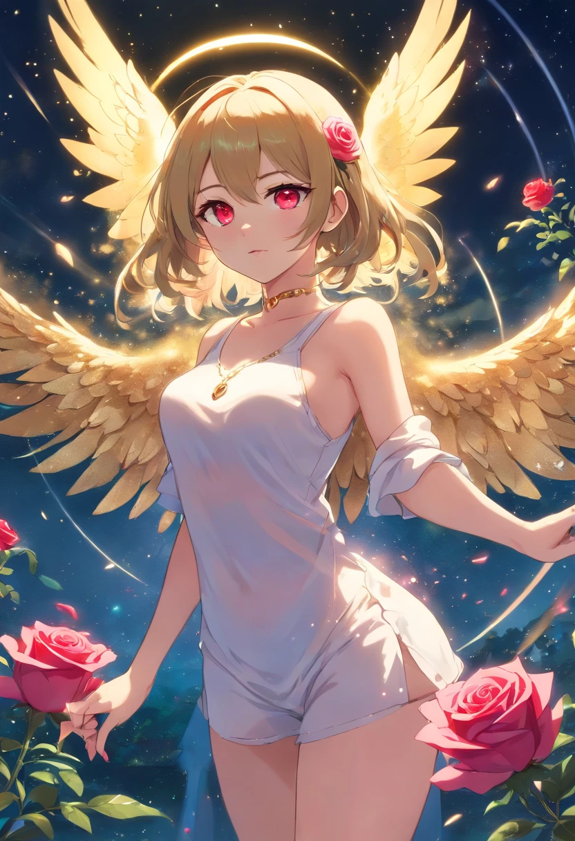 mature_Female, Jörfog, jewelry, looking at viewert, hollow, Abyss, chies, Catholic, angel,Fairy,Universe, glitters, holograph, mary, Reflectors, Gradient, Covered with, black shadows, Grand, Flowers, Sparkling flowers, Golden hair, (Wings), full bodyesbian, midriff, shirt, Red eyes,  Hips, navel, side locks, Gold-tone high heels, Heavy fog, Pink rose, Red rose, Rosemary, Parrot, green wings, water, Hair, Horns, lips open, galaxy eyes, Flowers, sonoko